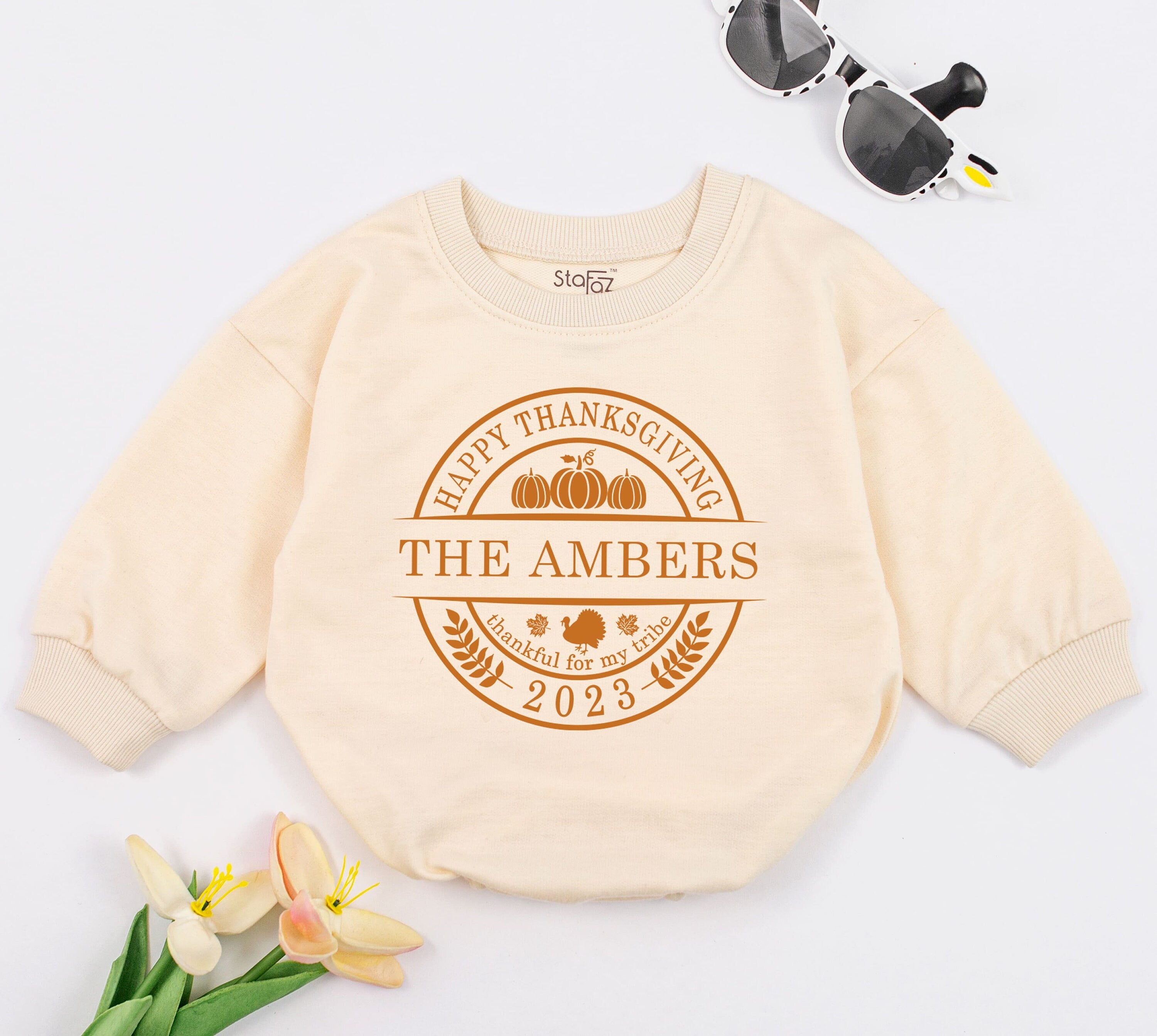 Personalized Thanksgiving Baby Romper with Pumpkin Design