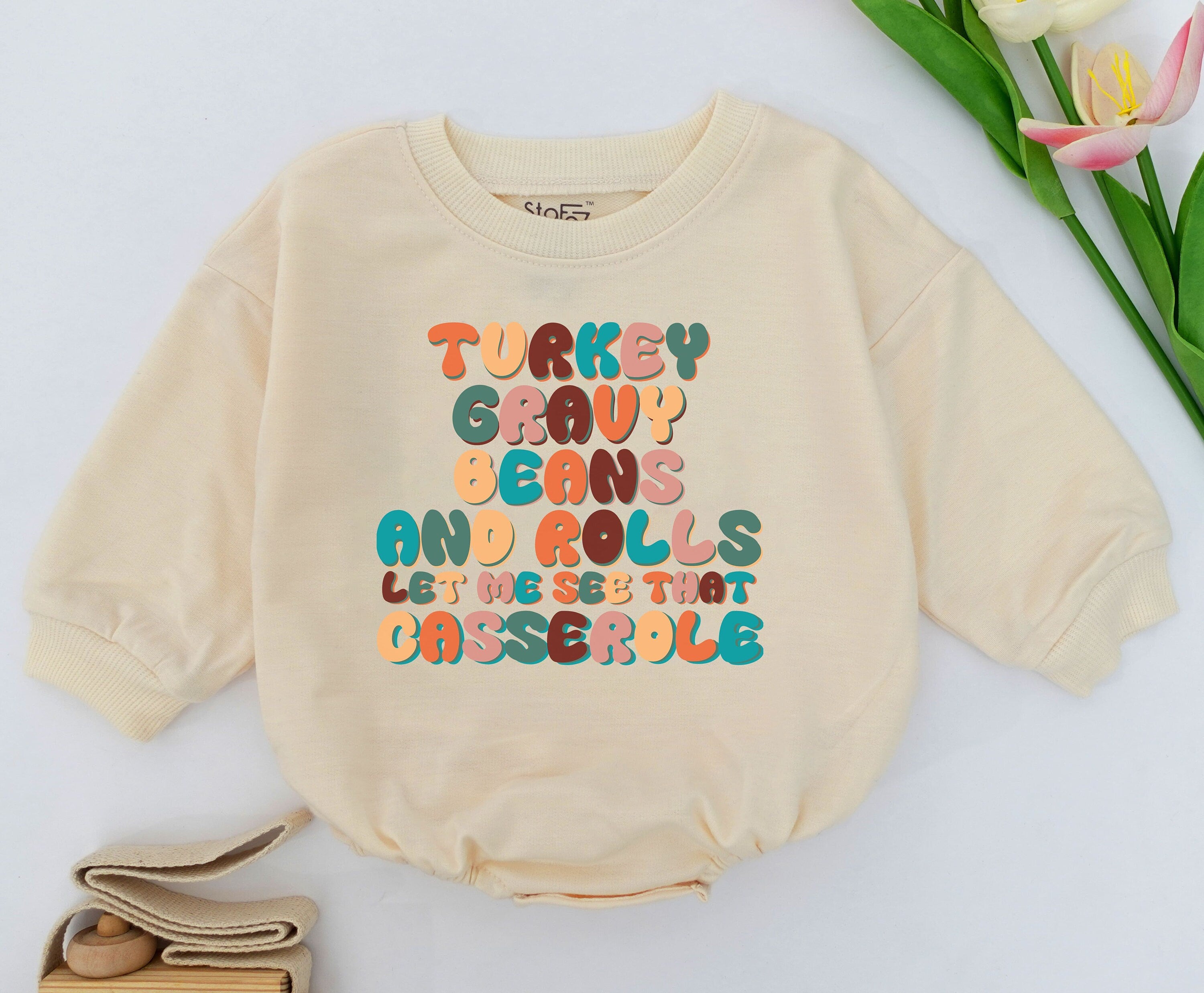 Turkey Gravy Beans and Rolls Baby Romper Cute Retro Thanksgiving Bodysuit Playful Colorful Text Infant Fall Holiday Gift