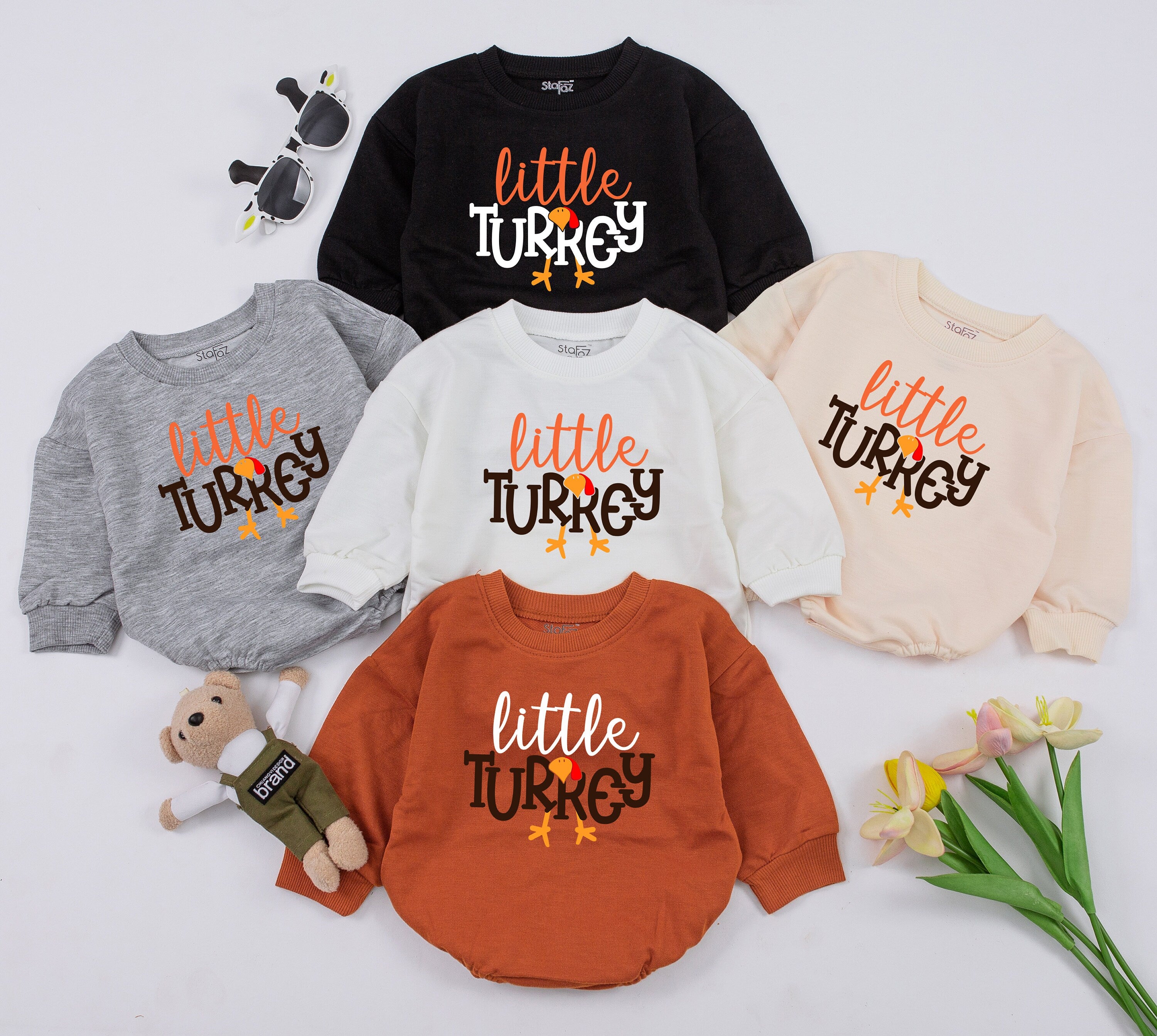 Thanksgiving Baby Outfit Little Turkey Retro Romper Soft Cozy Sweatsuit for Girls Holiday Style with Stars and Fun Fonts