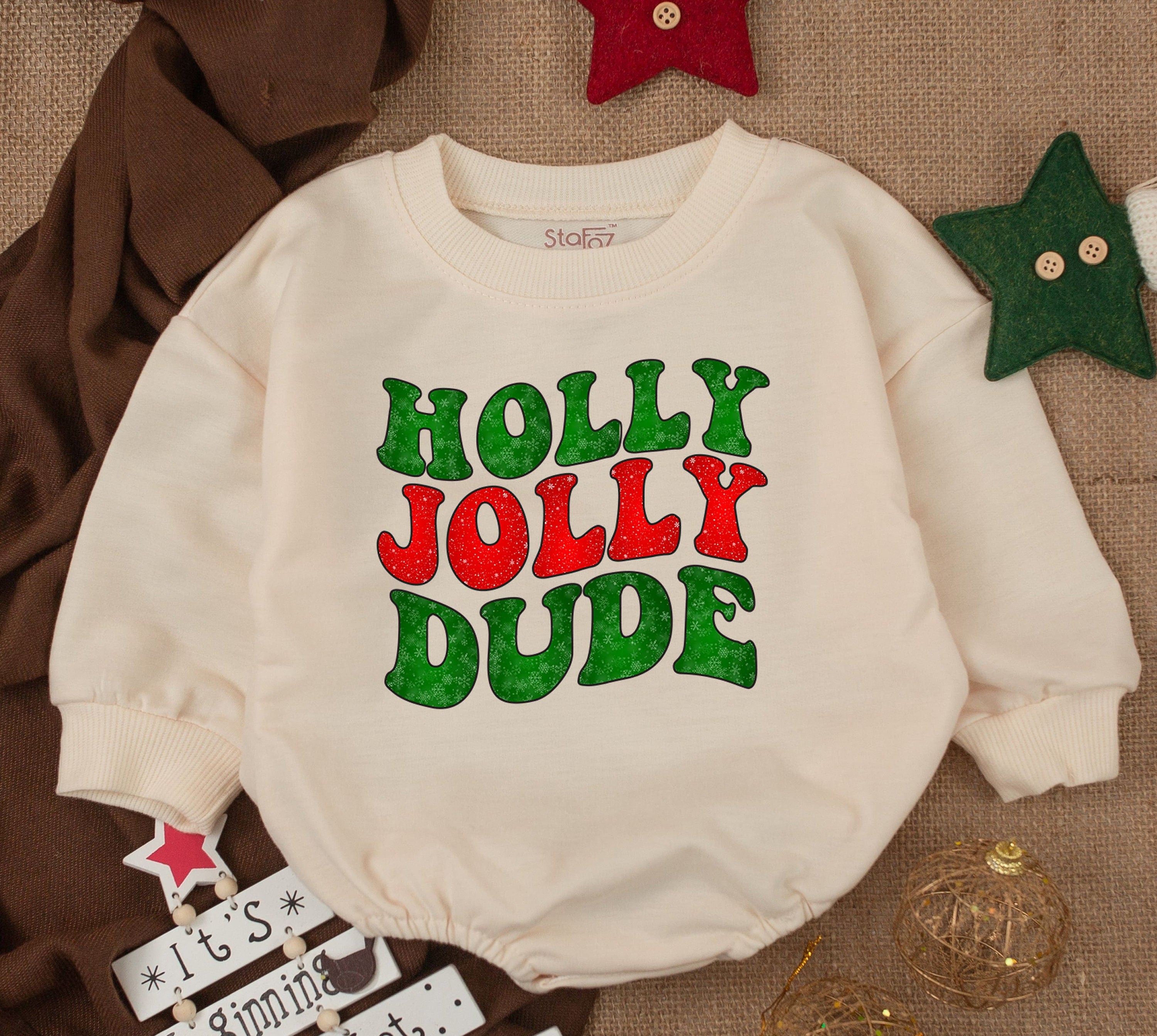 Holly Jolly Dude Christmas Baby Romper Retro Holiday Outfit Infant Toddler Festive Green Red Soft Cotton Gift for Kids Warm Cozy Design