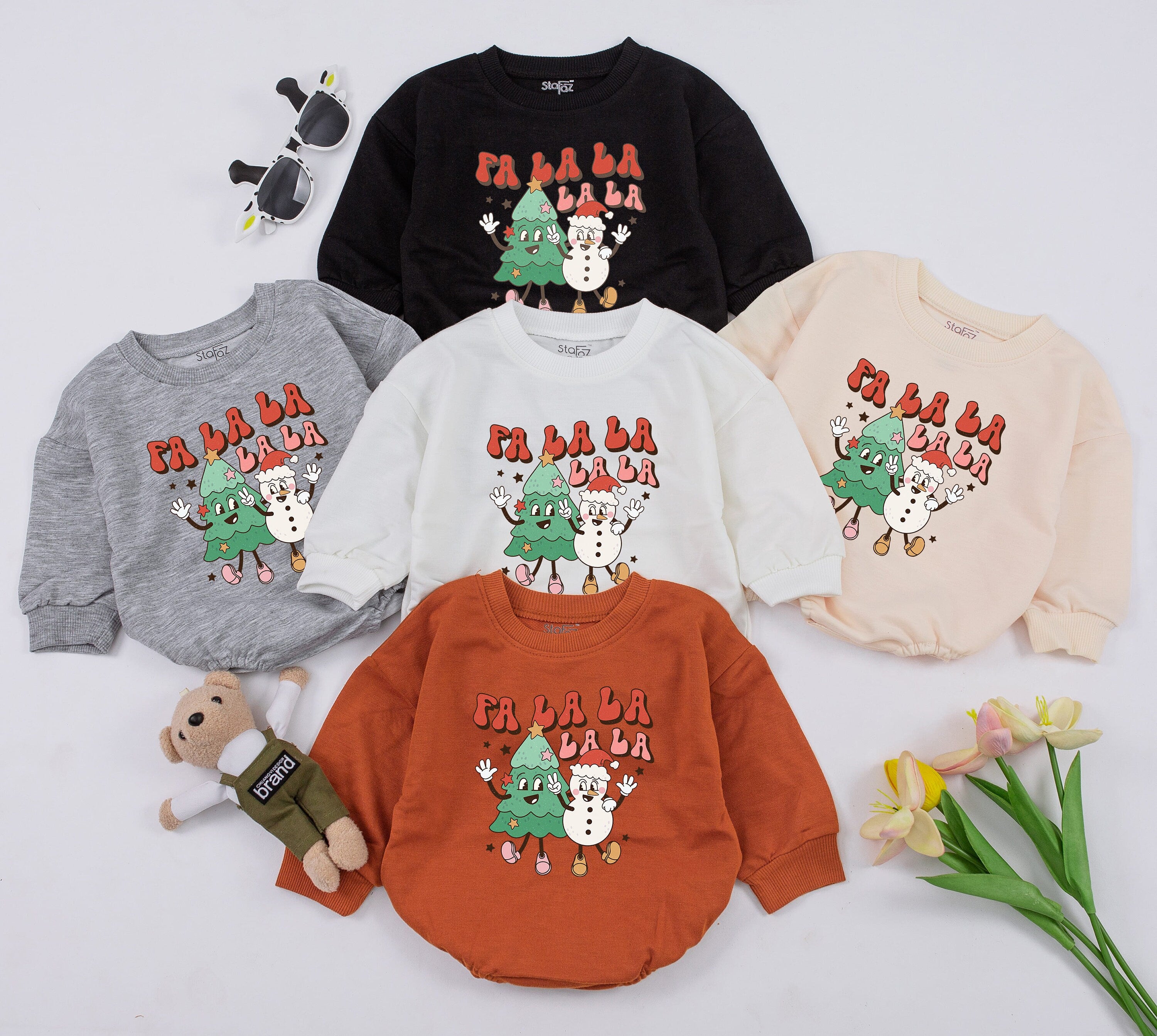 Baby Girl's Retro Christmas Romper Fa La La La La Holiday Outfit with Tree and Snowman Design for Toddler 1st Christmas Gift