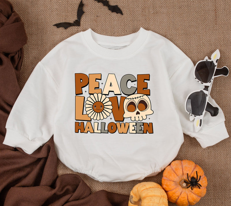 Peace Love Halloween Baby Romper Cozy Fall Newborn Outfit Toddler Sweatshirt Whimsical Pumpkin Design Soft Cotton Seasonal Baby Clothes