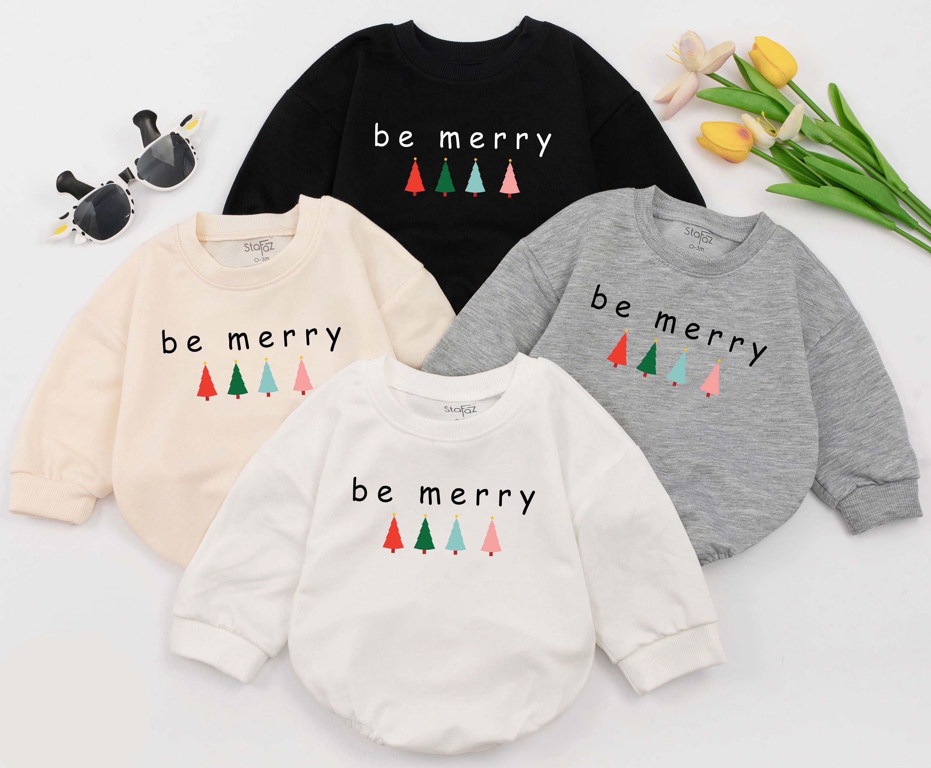 Be Merry Holiday Baby Romper Christmas Outfit with Colorful Trees Soft Cotton 1st Xmas Toddler Girl Boy Casual Festive Playful Design