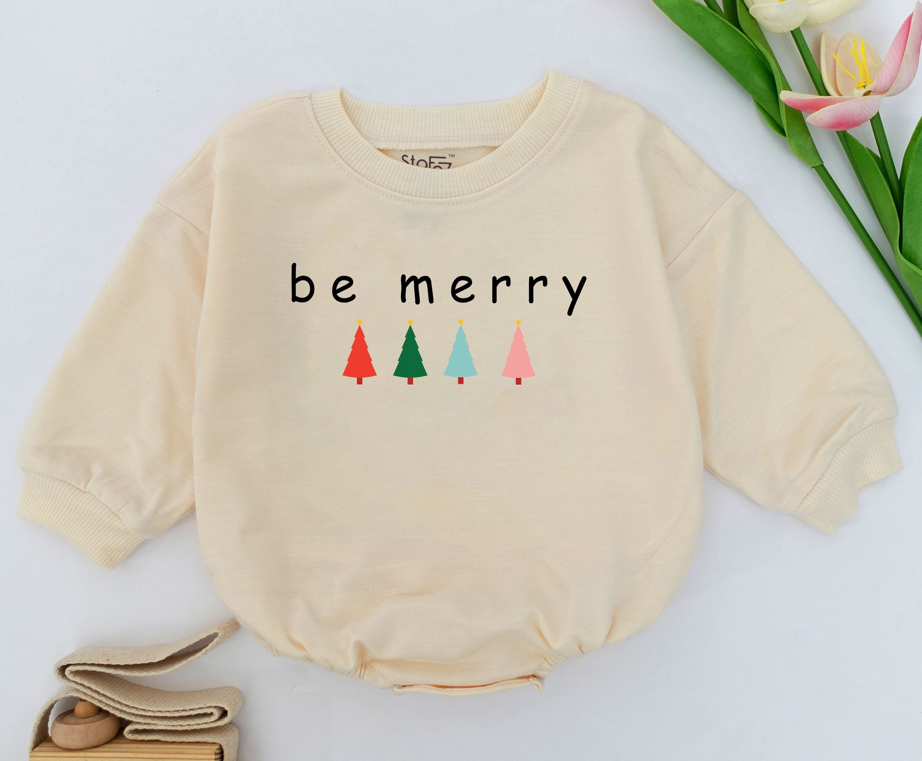 Be Merry Holiday Baby Romper Christmas Outfit with Colorful Trees Soft Cotton 1st Xmas Toddler Girl Boy Casual Festive Playful Design