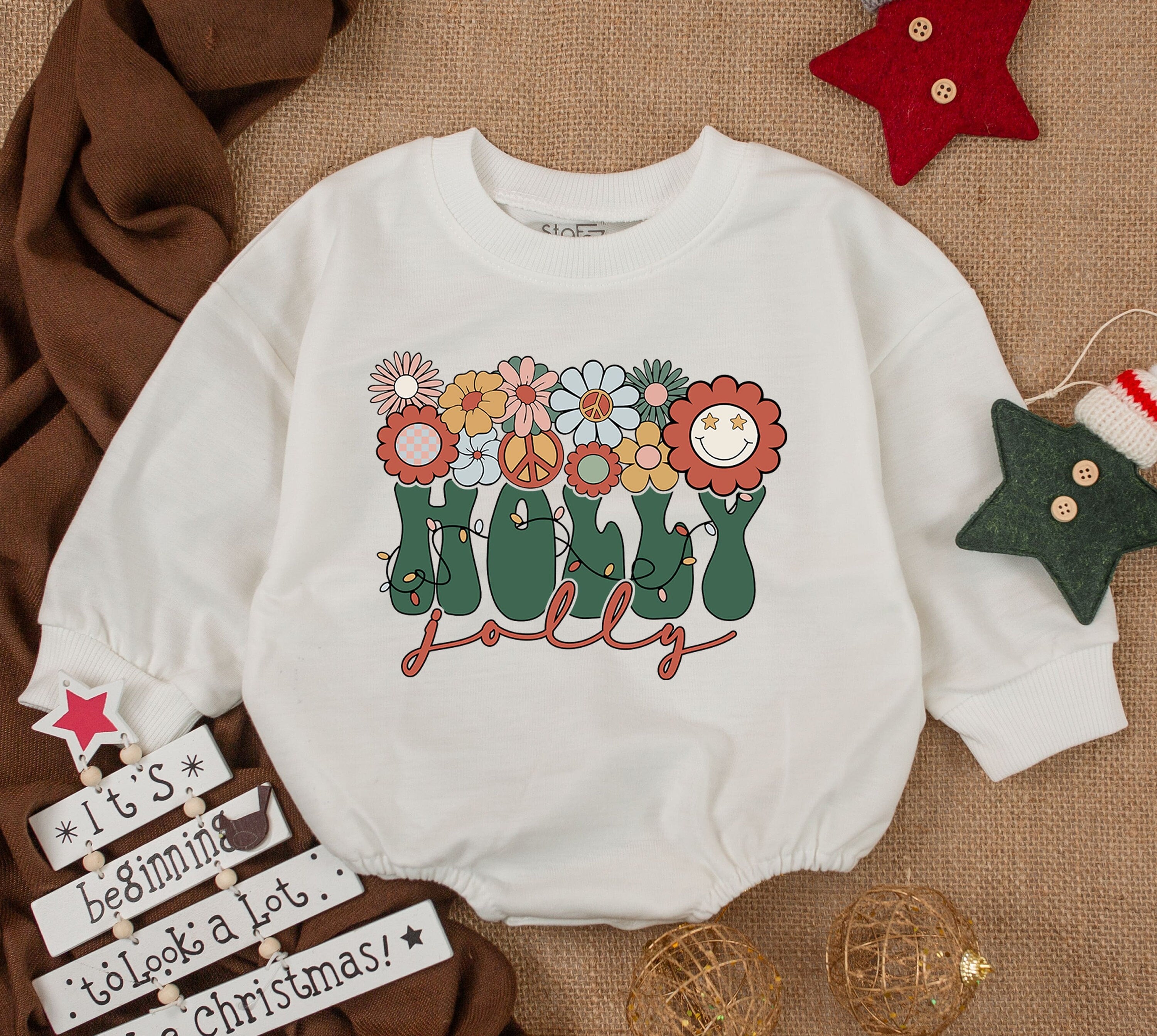 Vintage Holly Jolly Baby Romper Christmas Outfit Colorful Retro Flowers Peace Sign Design Cotton Soft 1st Xmas Gift Infant Holiday Clothes