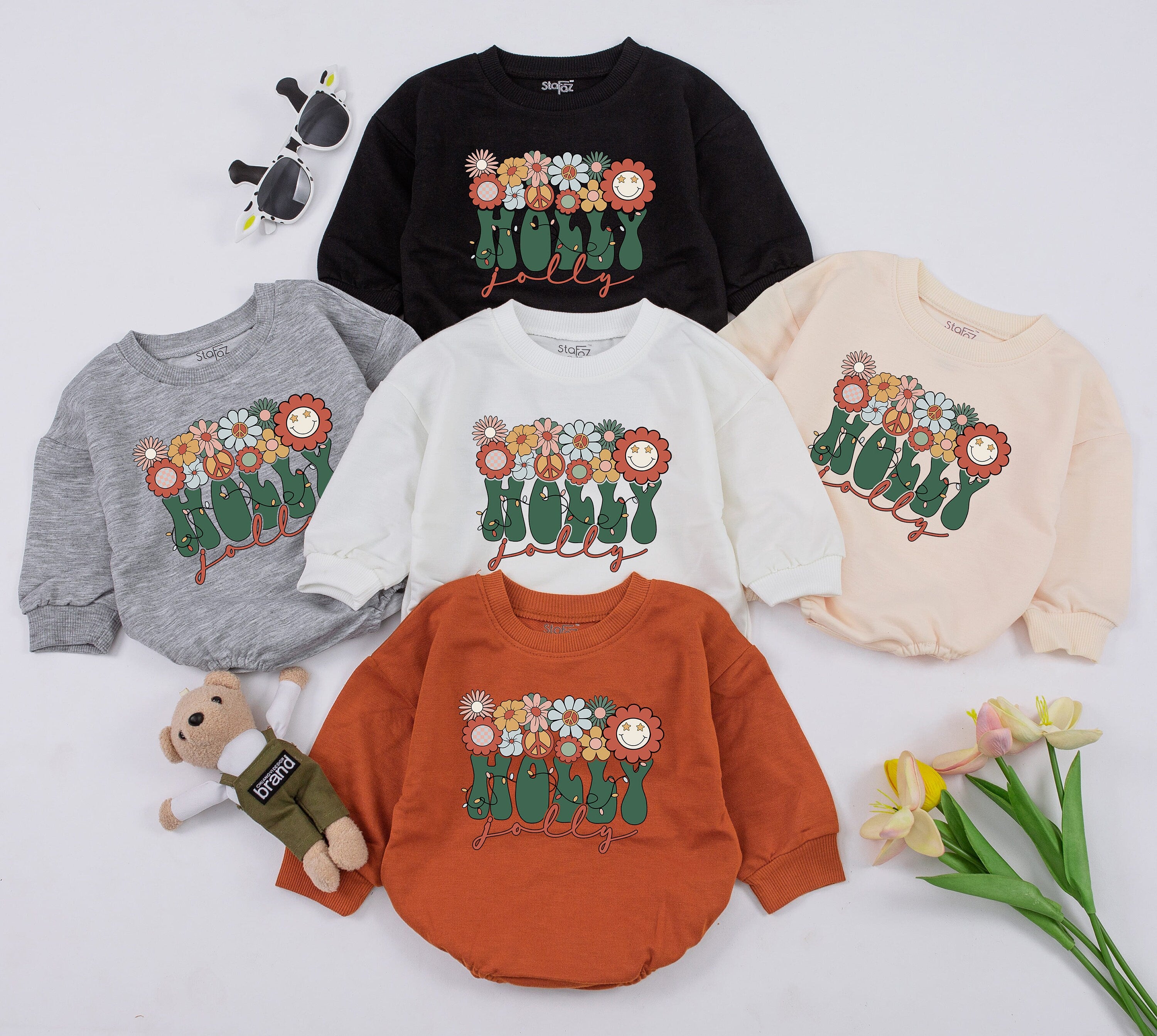 Vintage Holly Jolly Baby Romper Christmas Outfit Colorful Retro Flowers Peace Sign Design Cotton Soft 1st Xmas Gift Infant Holiday Clothes