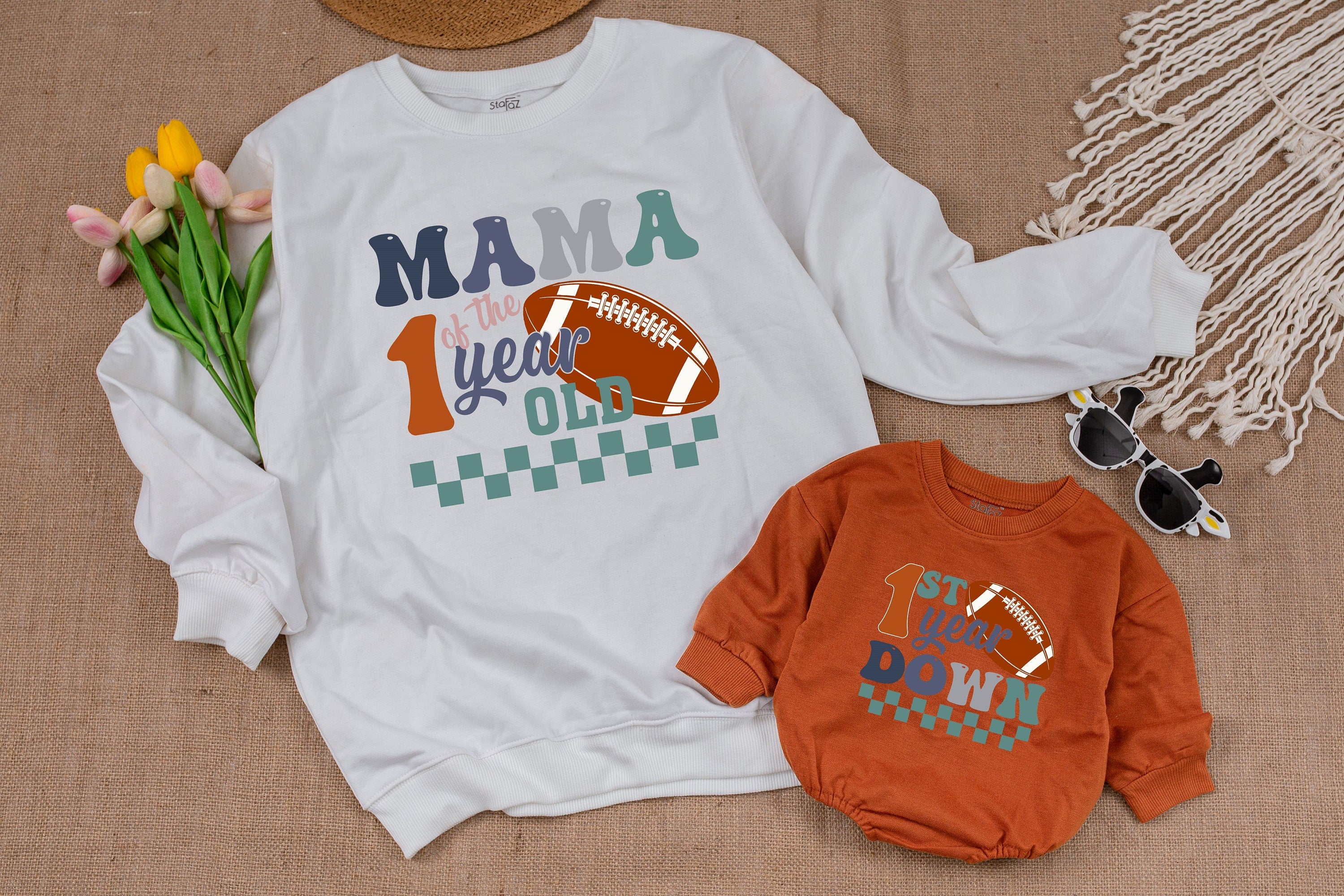 Custom Football 1st Birthday Matching Family Shirts Vibrant 1 Year Old Outfit Personalized Names Fun Sports Theme Mom Dad Brother Sister