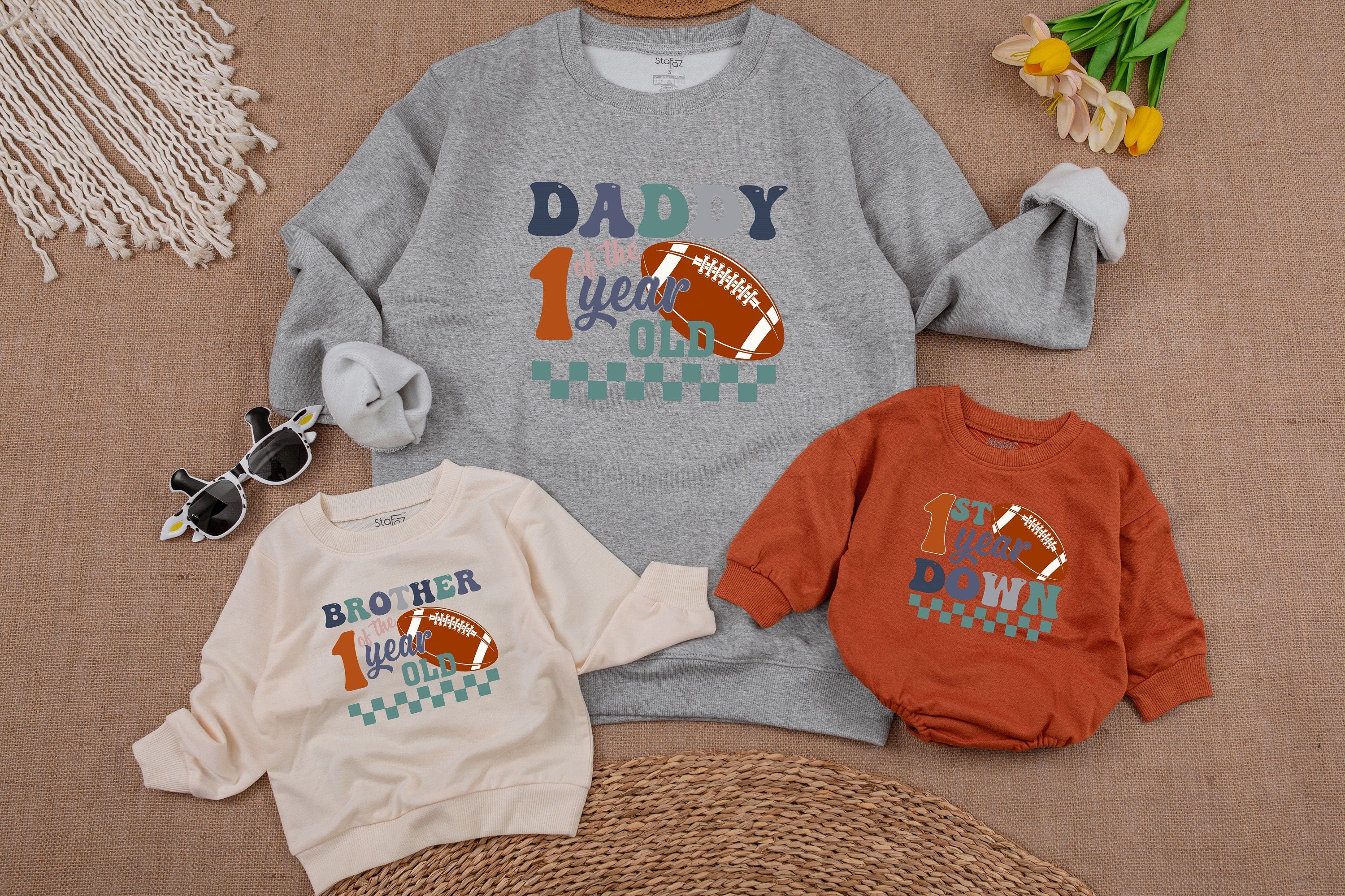 Custom Football 1st Birthday Matching Family Shirts Vibrant 1 Year Old Outfit Personalized Names Fun Sports Theme Mom Dad Brother Sister