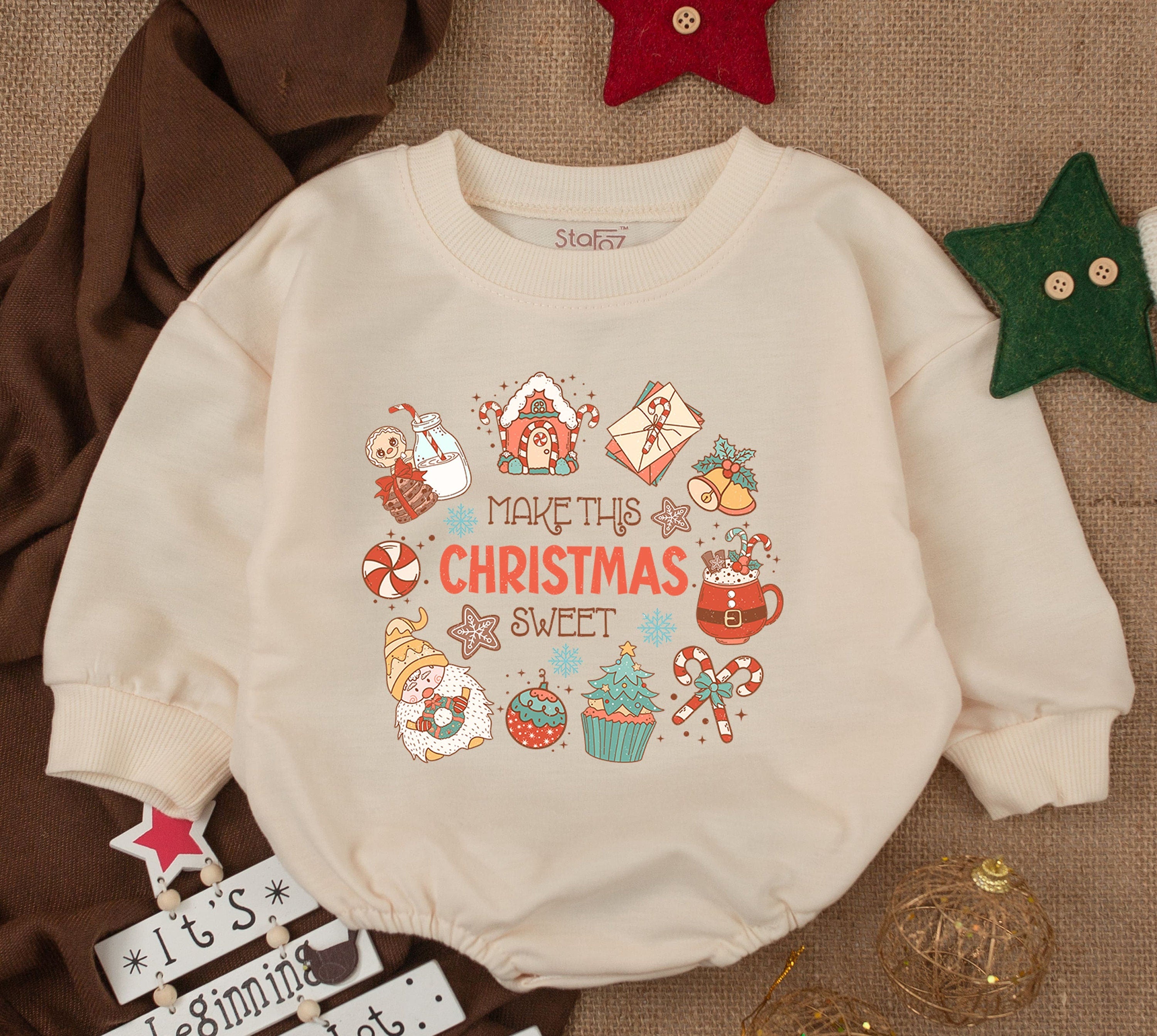 Merry Christmas Vibes Baby Romper with Santa Hats Candy Canes Snowflakes 1st Xmas Outfit Infant Toddler Gift Cheerful Holiday Clothes