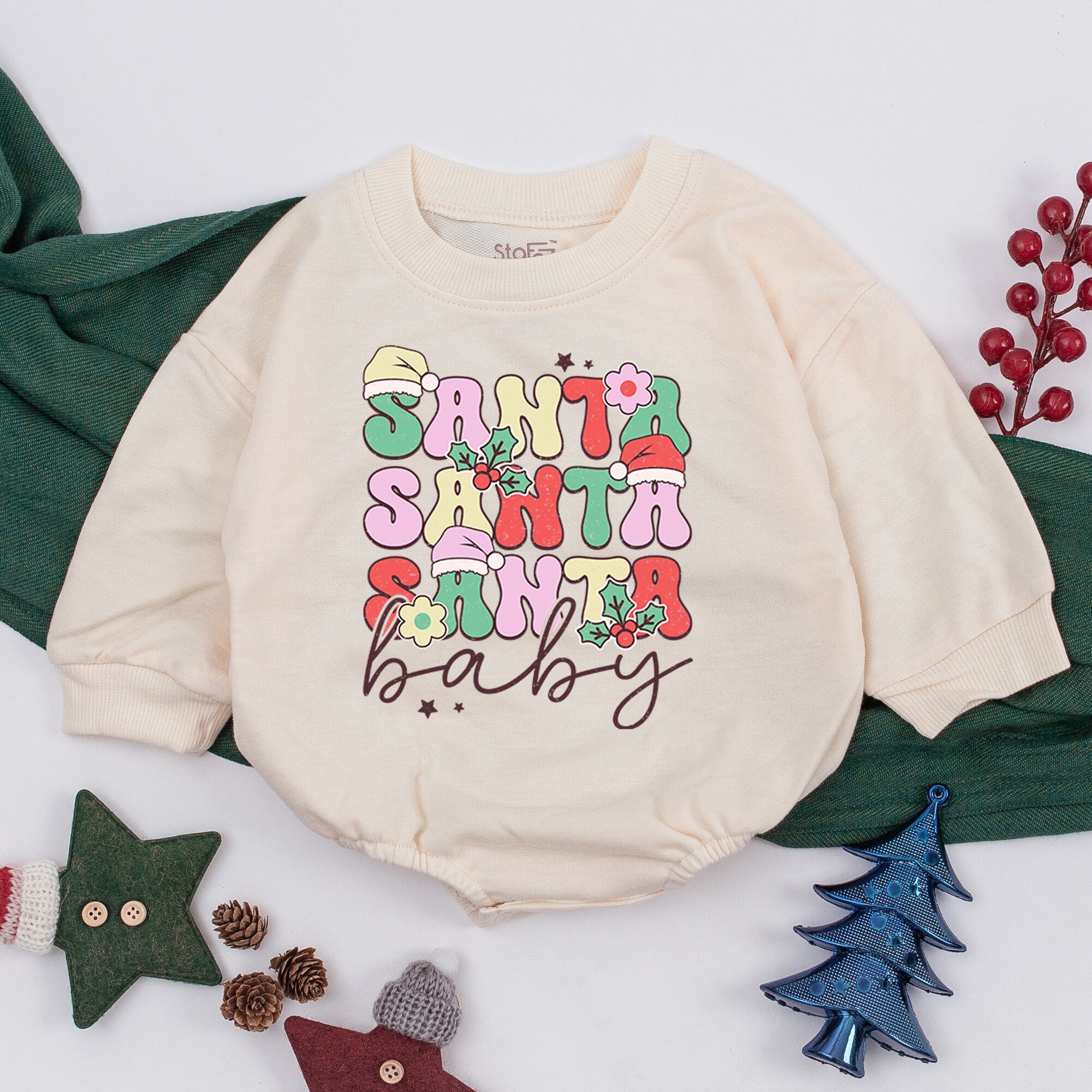 Santa Baby Outfit Retro Christmas Girl Romper Soft Cozy Sweatsuit Festive Design Warm Infant Holiday Wear Vibrant Colorful