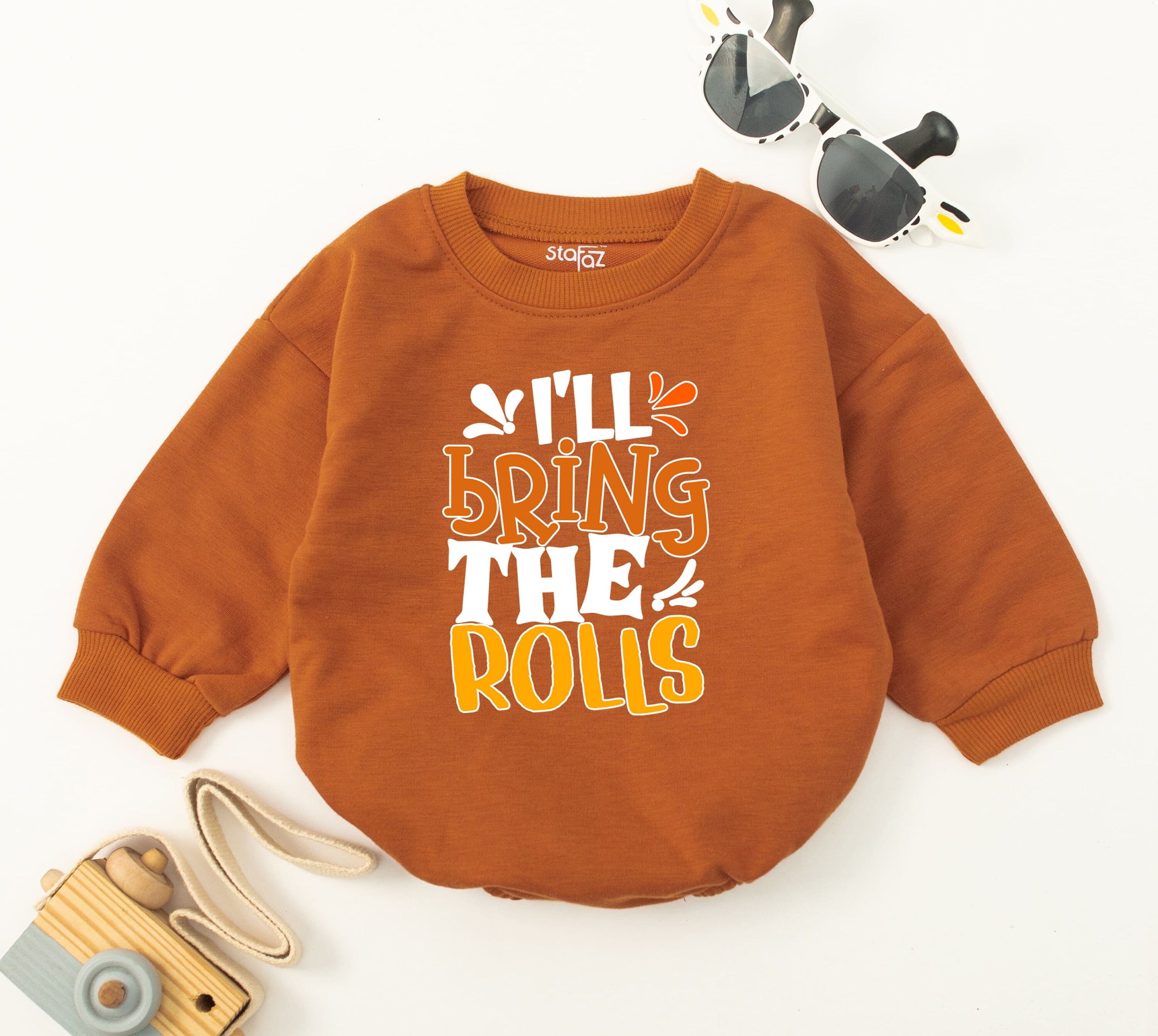 I'll Bring the Rolls Retro Baby Romper Thanksgiving Toddler Sweater Autumn Infant Bodysuit Soft Cotton Fun Holiday Kids Clothes