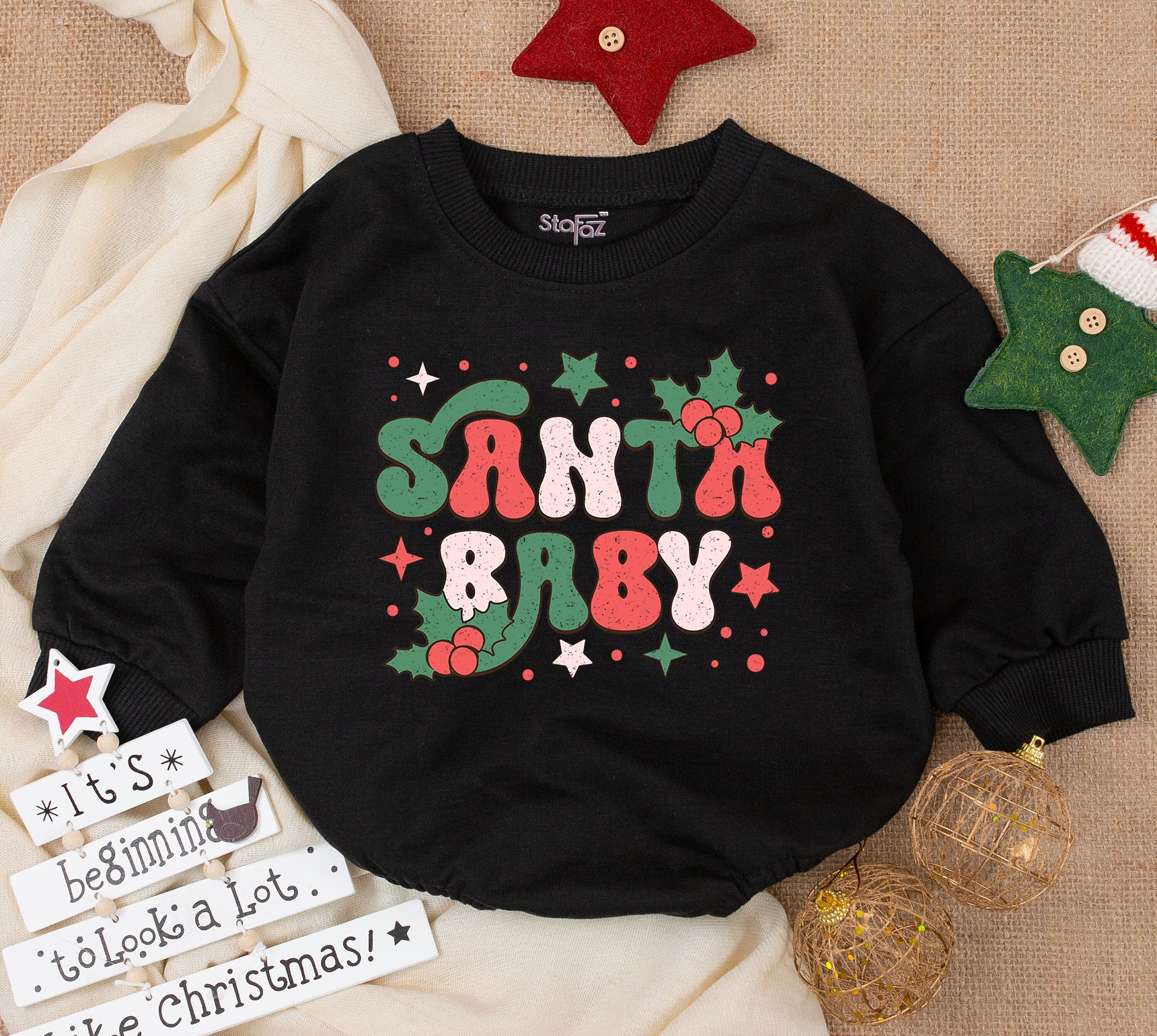 Santa Baby Retro Christmas Romper for Infants Soft Cozy Holiday Outfit with Festive Red Green Stars Holly Design
