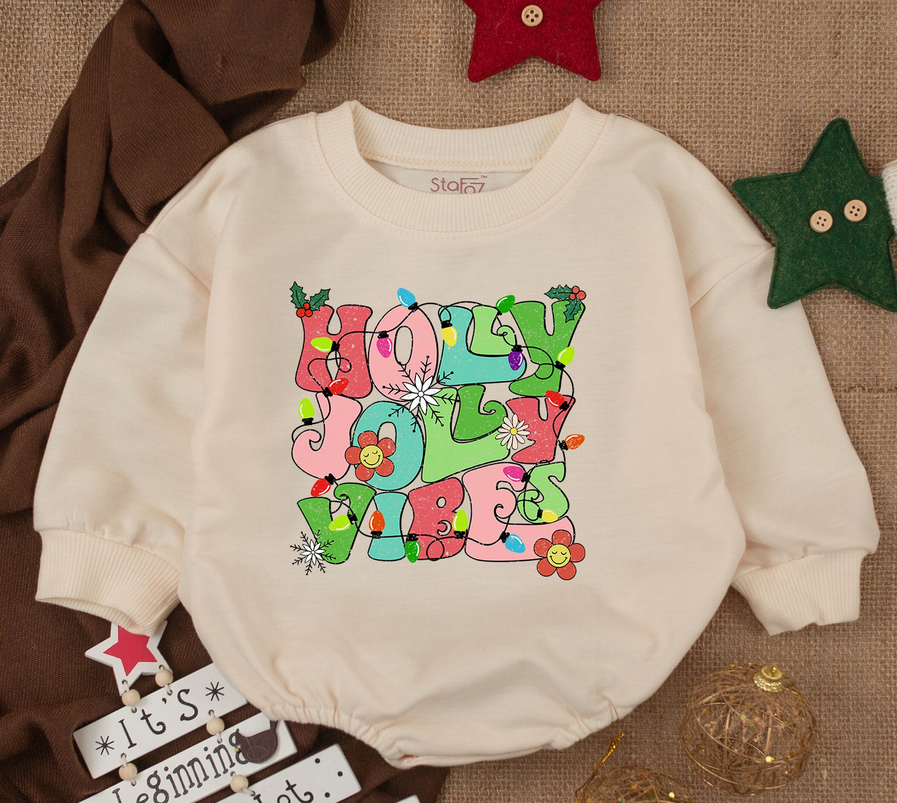 Holy Joly Vibes Christmas Baby Bubble Romper First Holiday Outfit Infant Festive Clothes with Holly Leaves and Berries Design