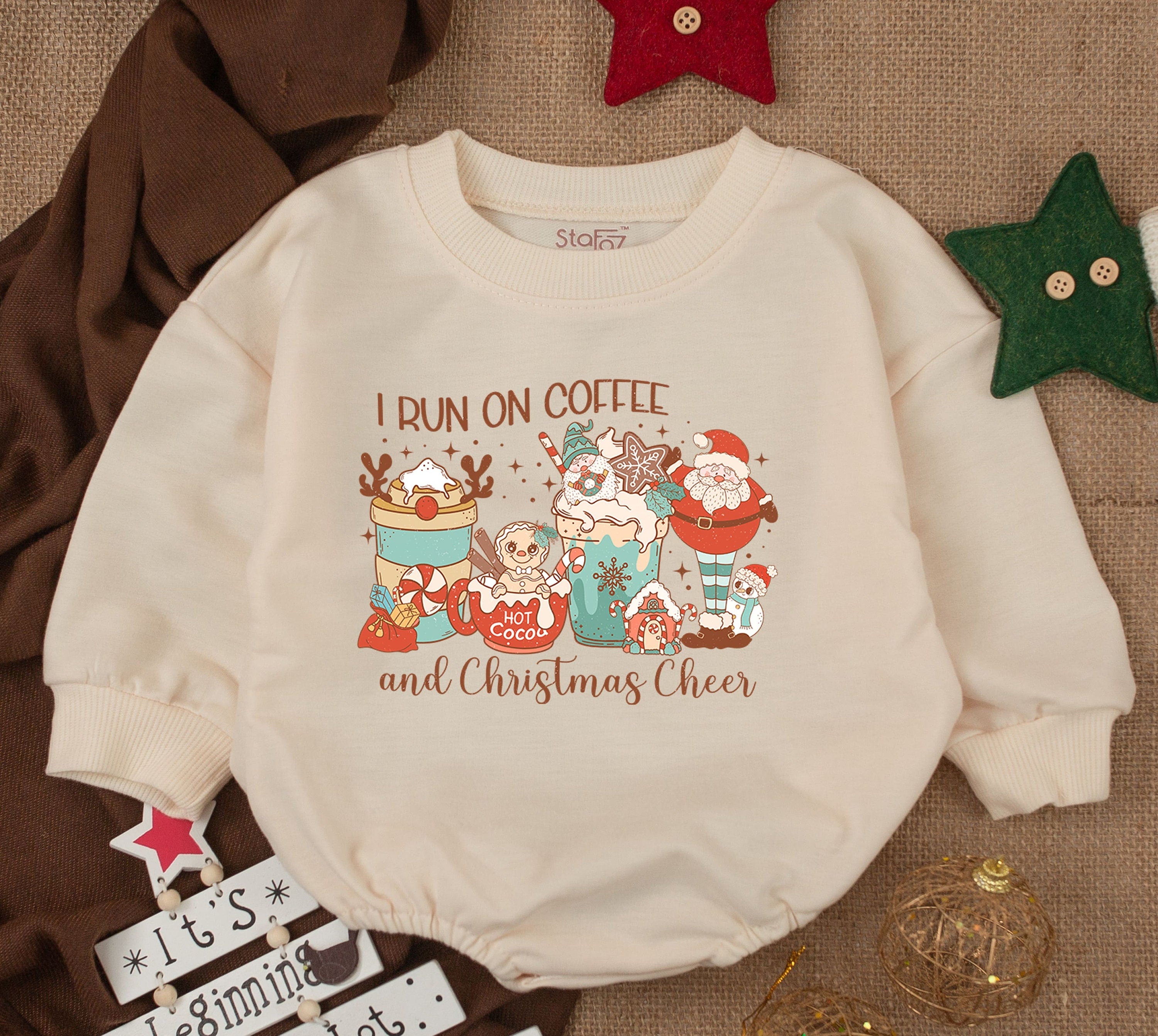 Whimsical Santa Baby Romper Christmas Outfit Infant Holiday Fun Coffee Cheer First Xmas Soft Cotton