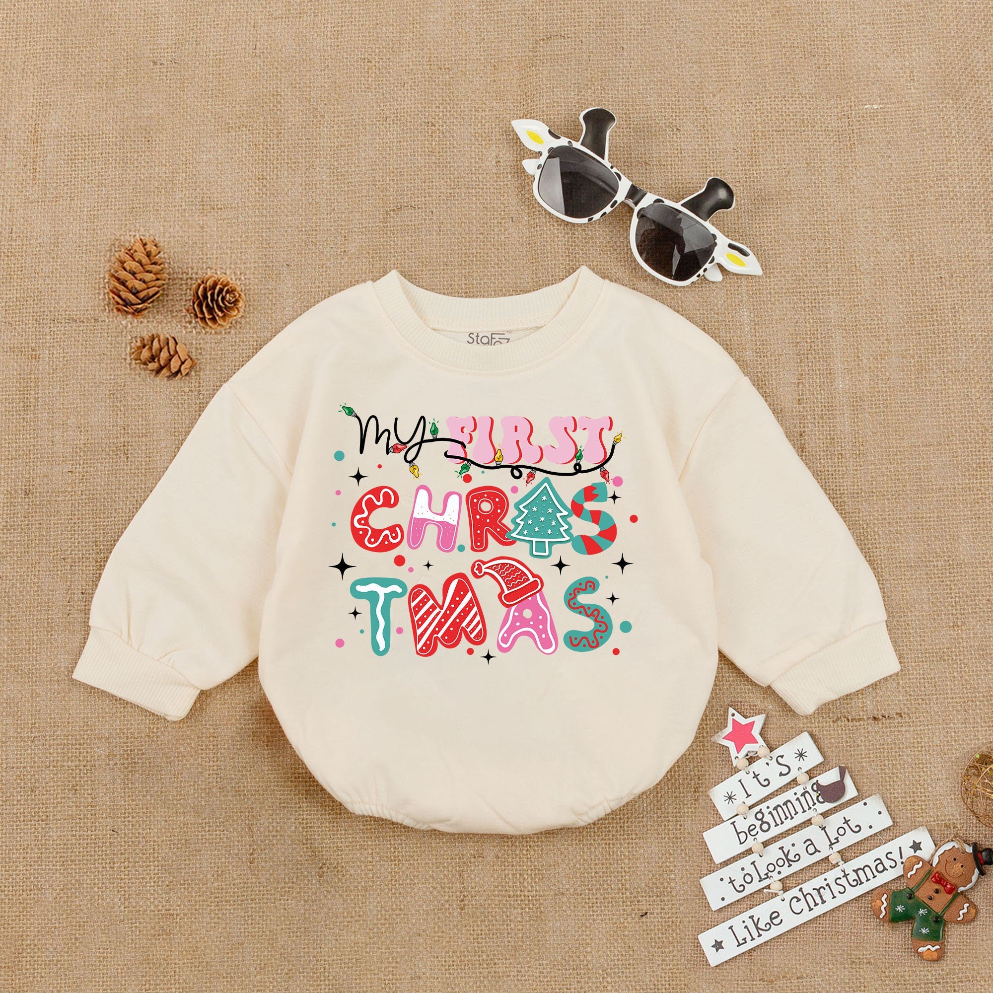 My First Christmas Baby Romper Festive Long Sleeve Holiday Bodysuit Gift for Infant Boy or Girl Cheerful Red Green Teal Design