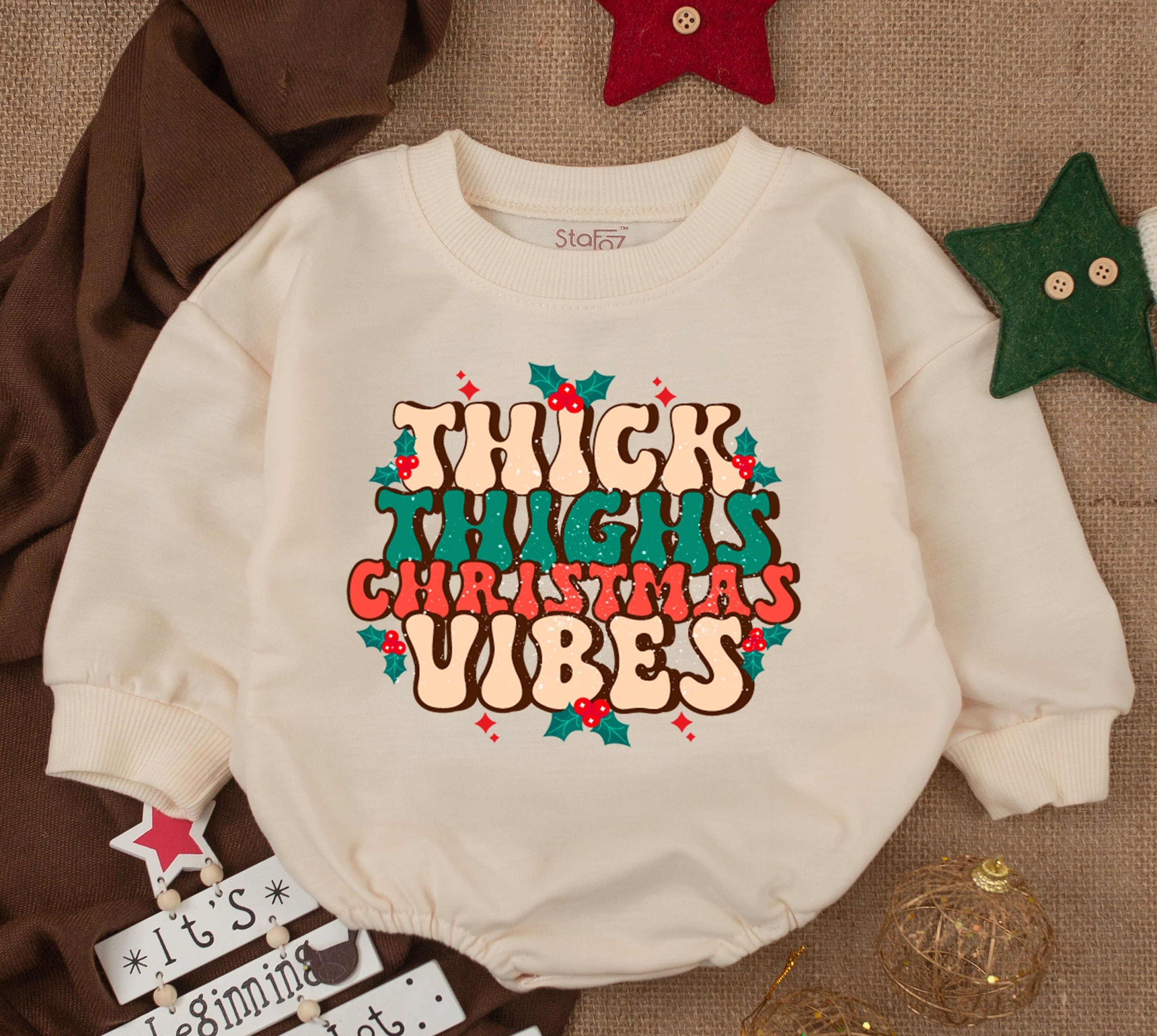 Baby Girl Holiday Romper with Thick Thighs Christmas Vibes Retro Font Festive Holly Design Toddler First Christmas Outfit Cozy Gift