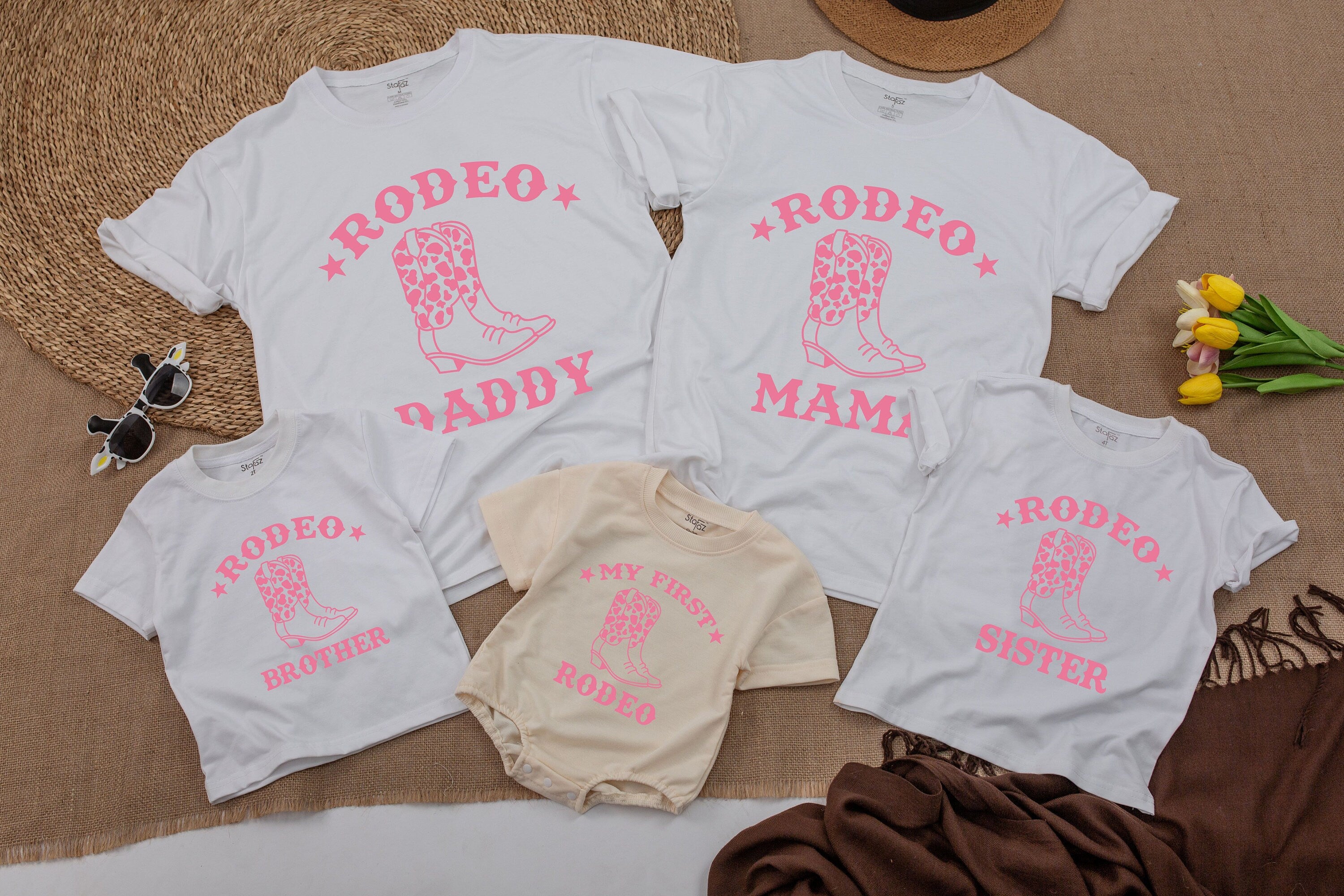 Matching Family Rodeo Birthday Shirts Pink Cowboy Boots First Rodeo Outfit Personalized Baby Toddler Mom Dad Sister Brother Tee