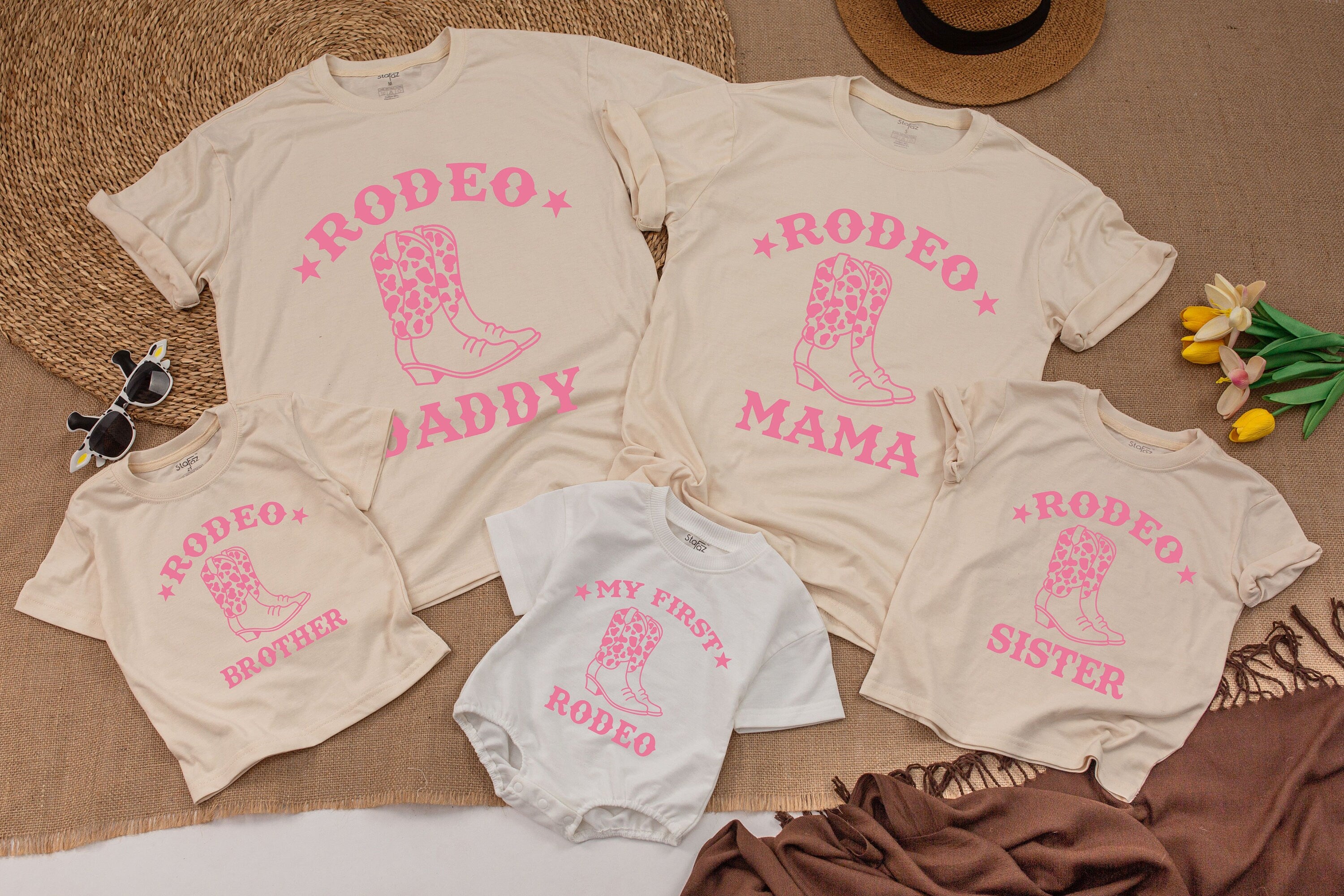 Matching Family Rodeo Birthday Shirts Pink Cowboy Boots First Rodeo Outfit Personalized Baby Toddler Mom Dad Sister Brother Tee