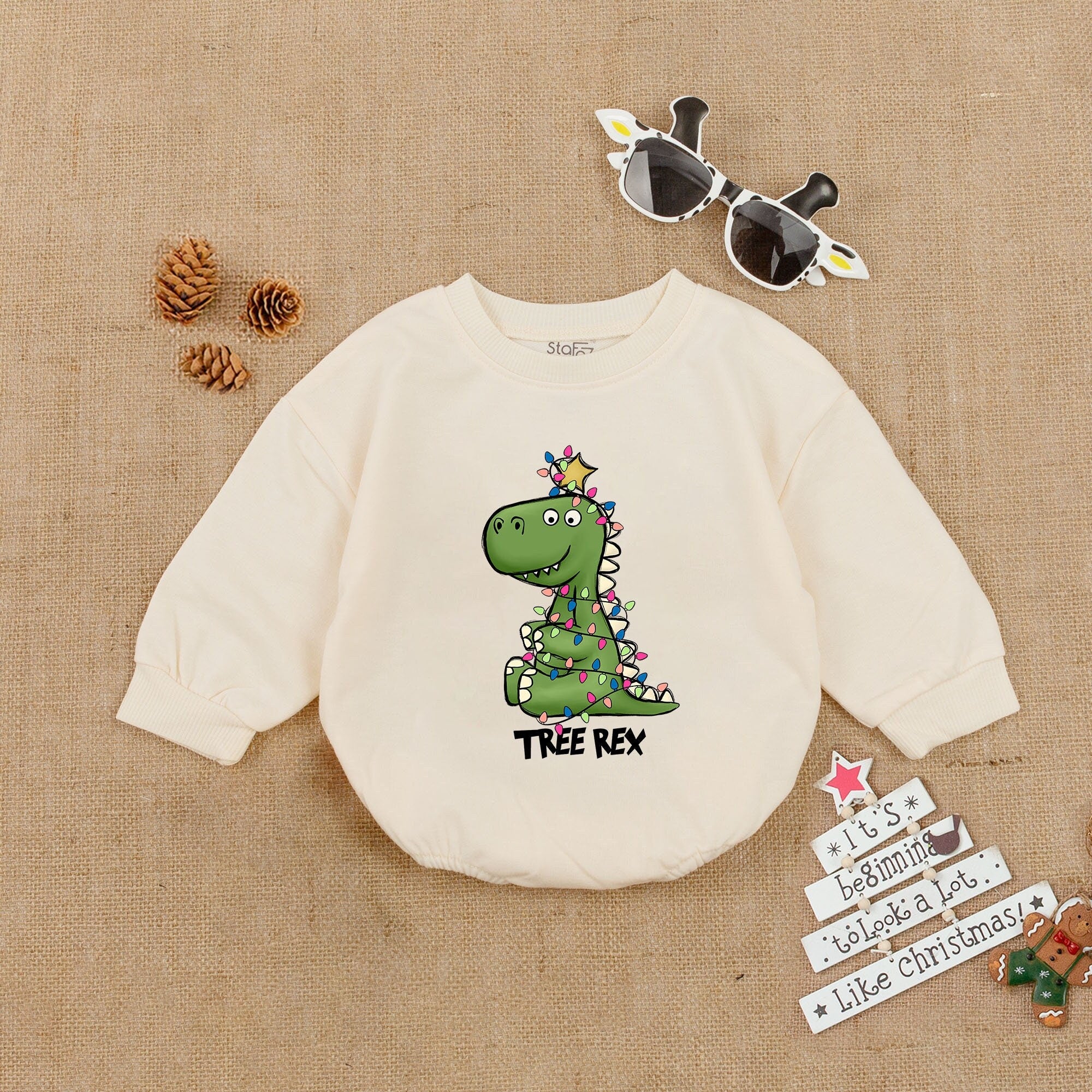 Tree Rex Christmas Romper for Baby Girls Soft Cotton Holiday Outfit Adorable Dinosaur Design with Lights Fun Newborn Coming Home Bodysuit