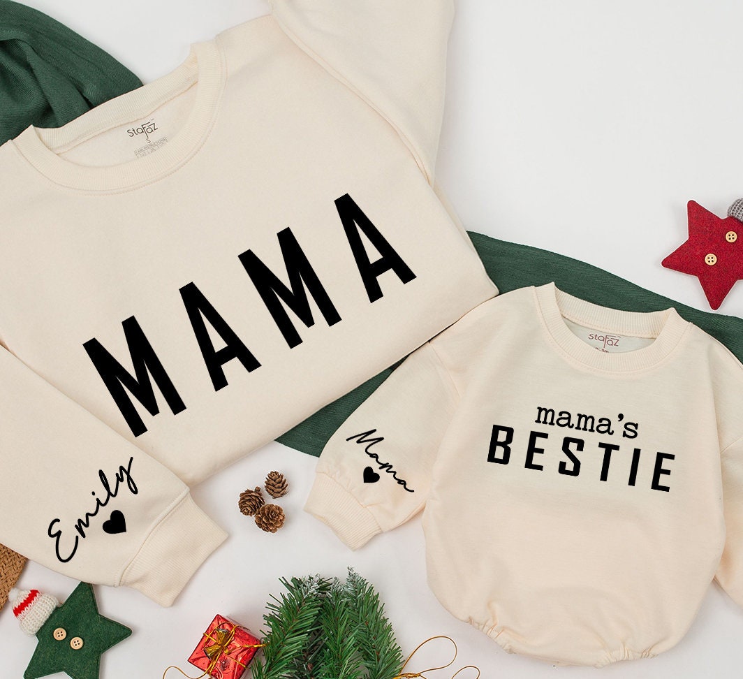 Personalized Matching Mama and Bestie Sweatshirt Romper Set Custom Names Family Holiday Gift Cozy Cotton Outfit