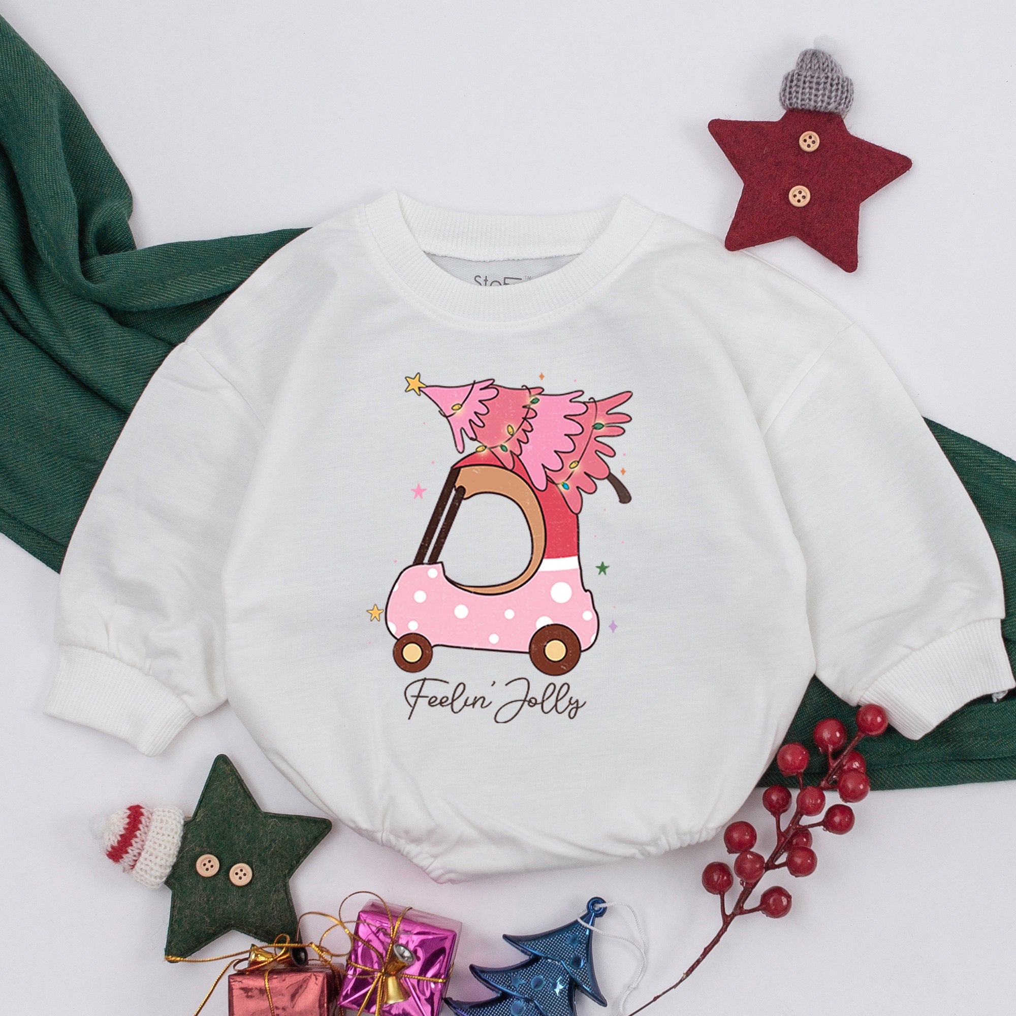Feelin' Jolly Pink Car Christmas Tree Baby Romper First Holiday Outfit Soft Gift for Infant Girl Cotton Bodysuit Festive Baby Clothes