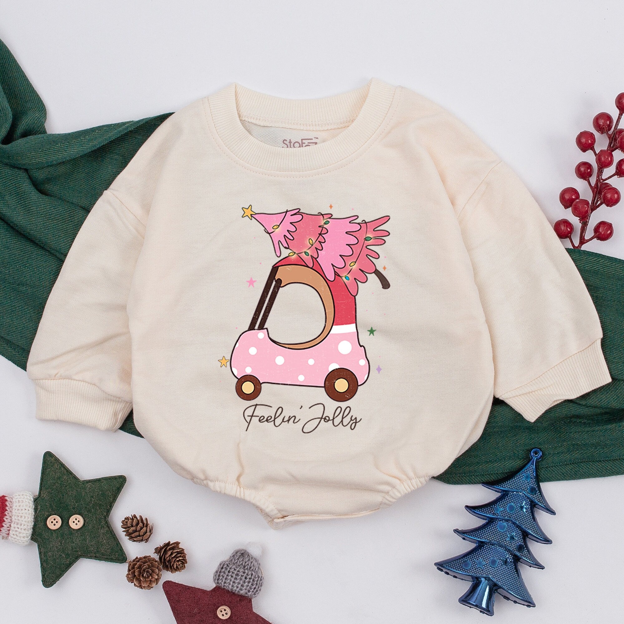 Feelin' Jolly Pink Car Christmas Tree Baby Romper First Holiday Outfit Soft Gift for Infant Girl Cotton Bodysuit Festive Baby Clothes