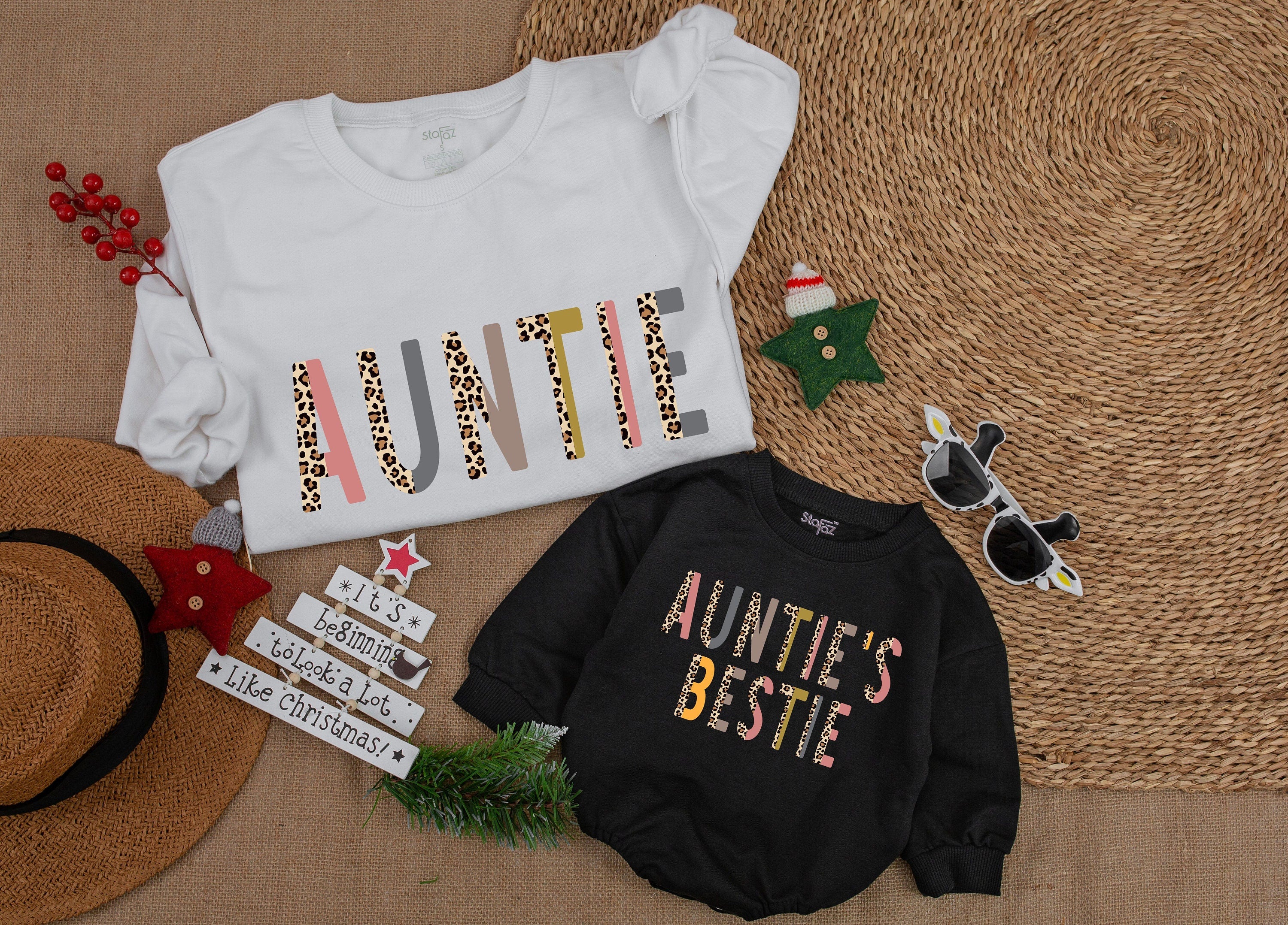 Custom Auntie and Bestie Leopard Print Sweatshirt Matching Family Outfit Baby Girl Fall Romper Gift Trendy Colorful Design