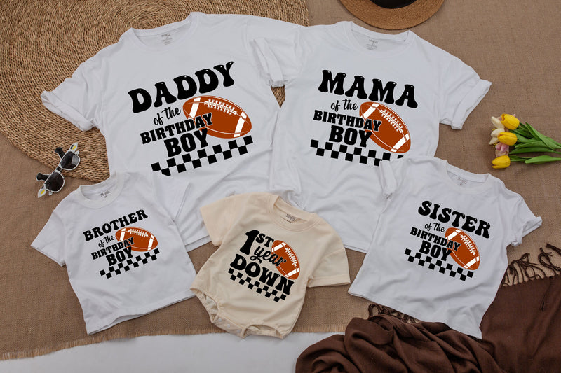 Custom Football Birthday Romper for Baby, 1st Year Down Outfit with Checkered Motif, Soft Cotton, Perfect for Milestone Photos & Parties