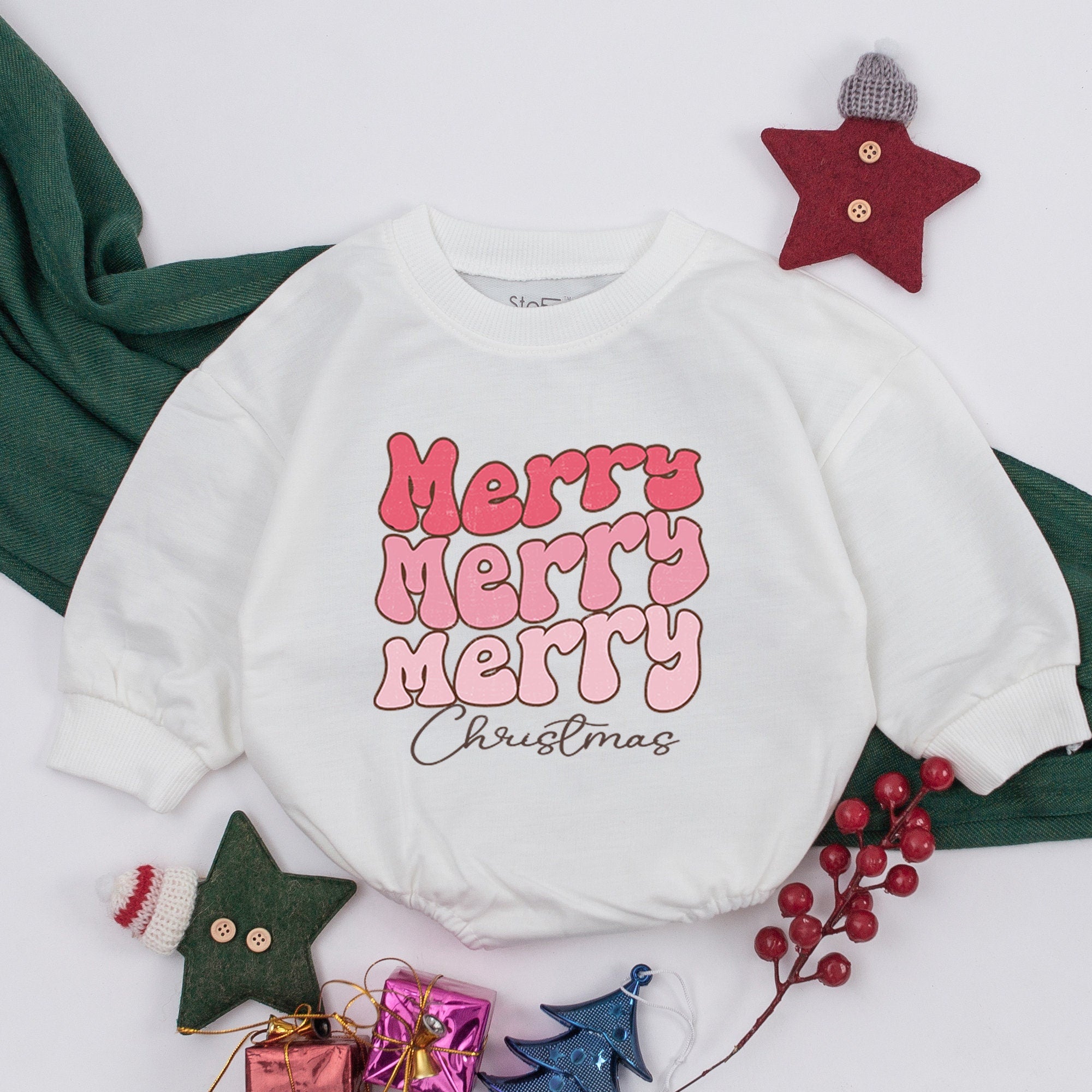 Merry Merry Merry Christmas Baby Romper Pink Outfit First Xmas Clothes Soft Cotton Girl Holiday Bodysuit Baby Shower Gift