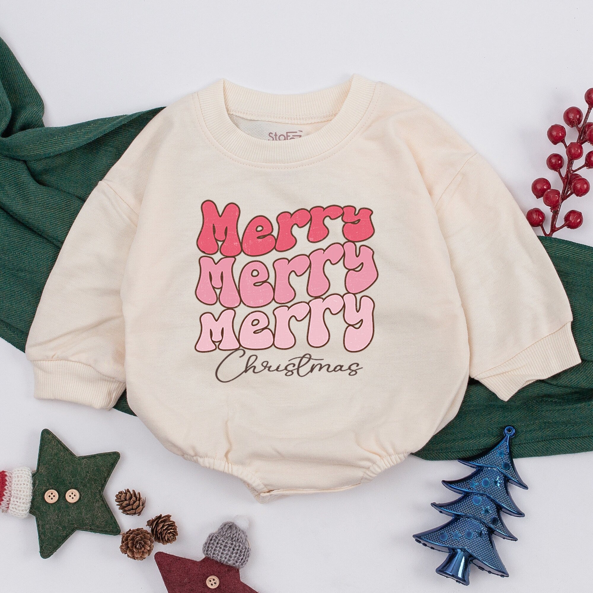 Merry Merry Merry Christmas Baby Romper Pink Outfit First Xmas Clothes Soft Cotton Girl Holiday Bodysuit Baby Shower Gift