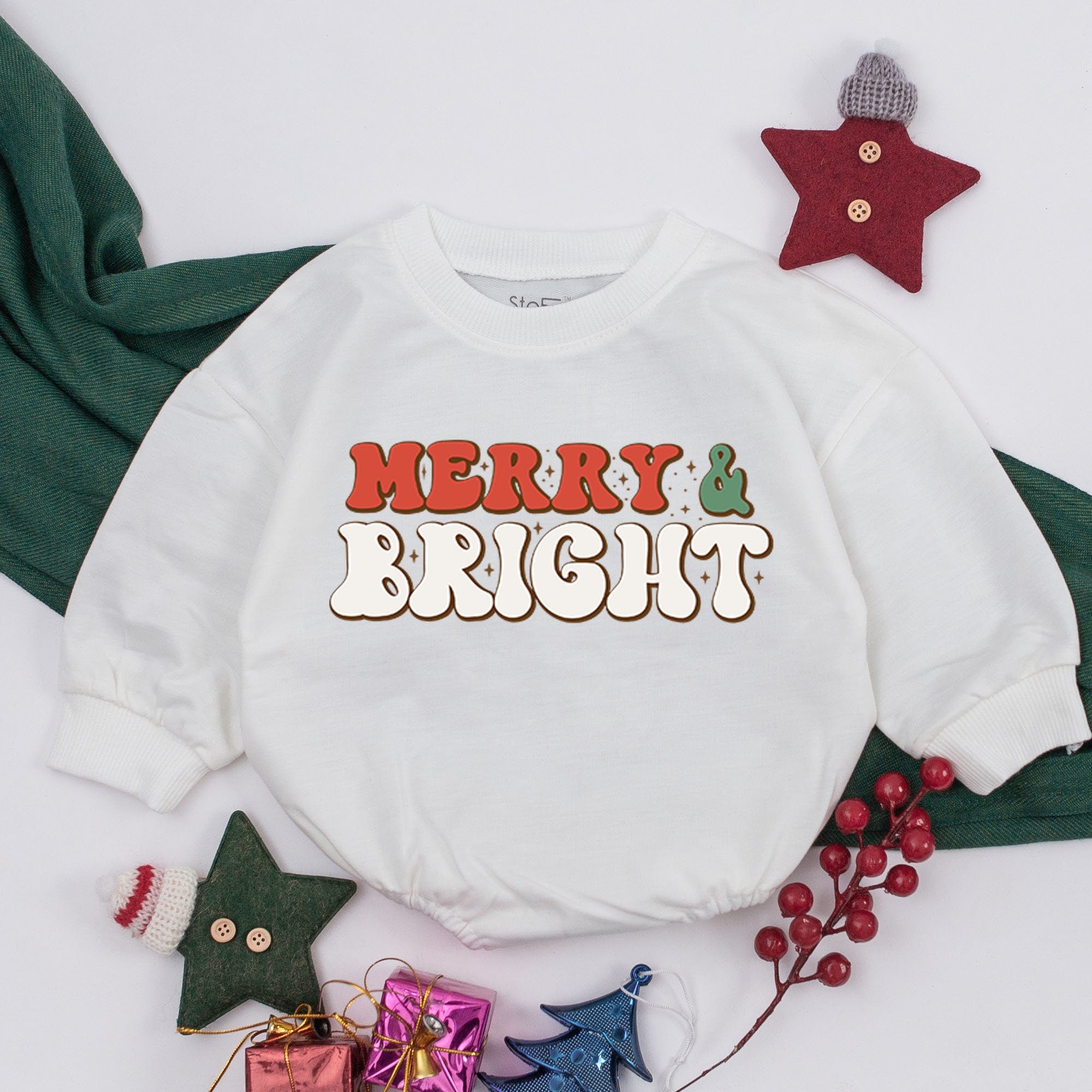 Merry & Bright Baby Romper First Christmas Outfit Infant Toddler Sweater Festive Holiday Clothes Red Green White Retro Design