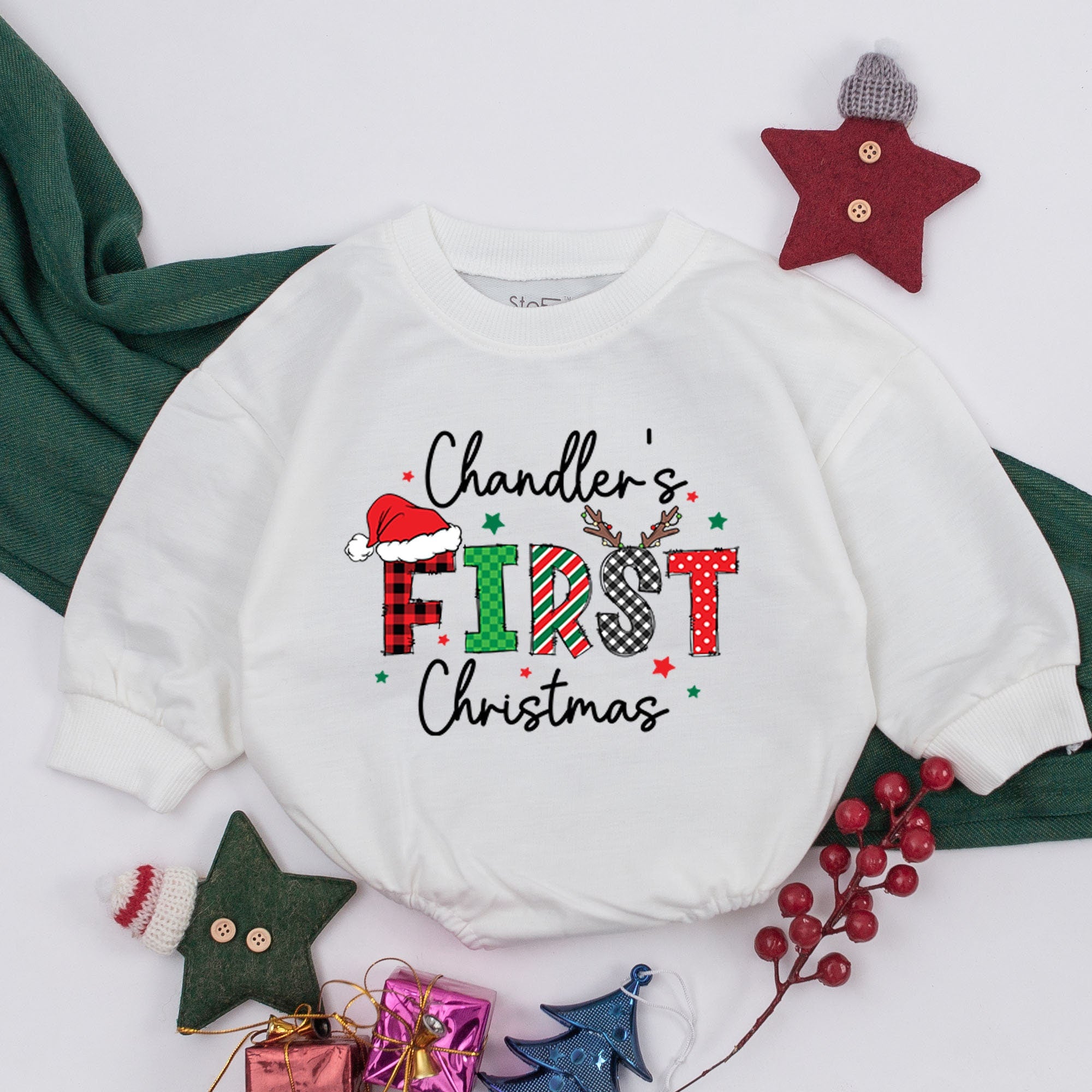 Personalized Baby Romper Chandler's First Christmas Festive Outfit Newborn Holiday Clothes Infant Santa Hat Antlers Red Green Black