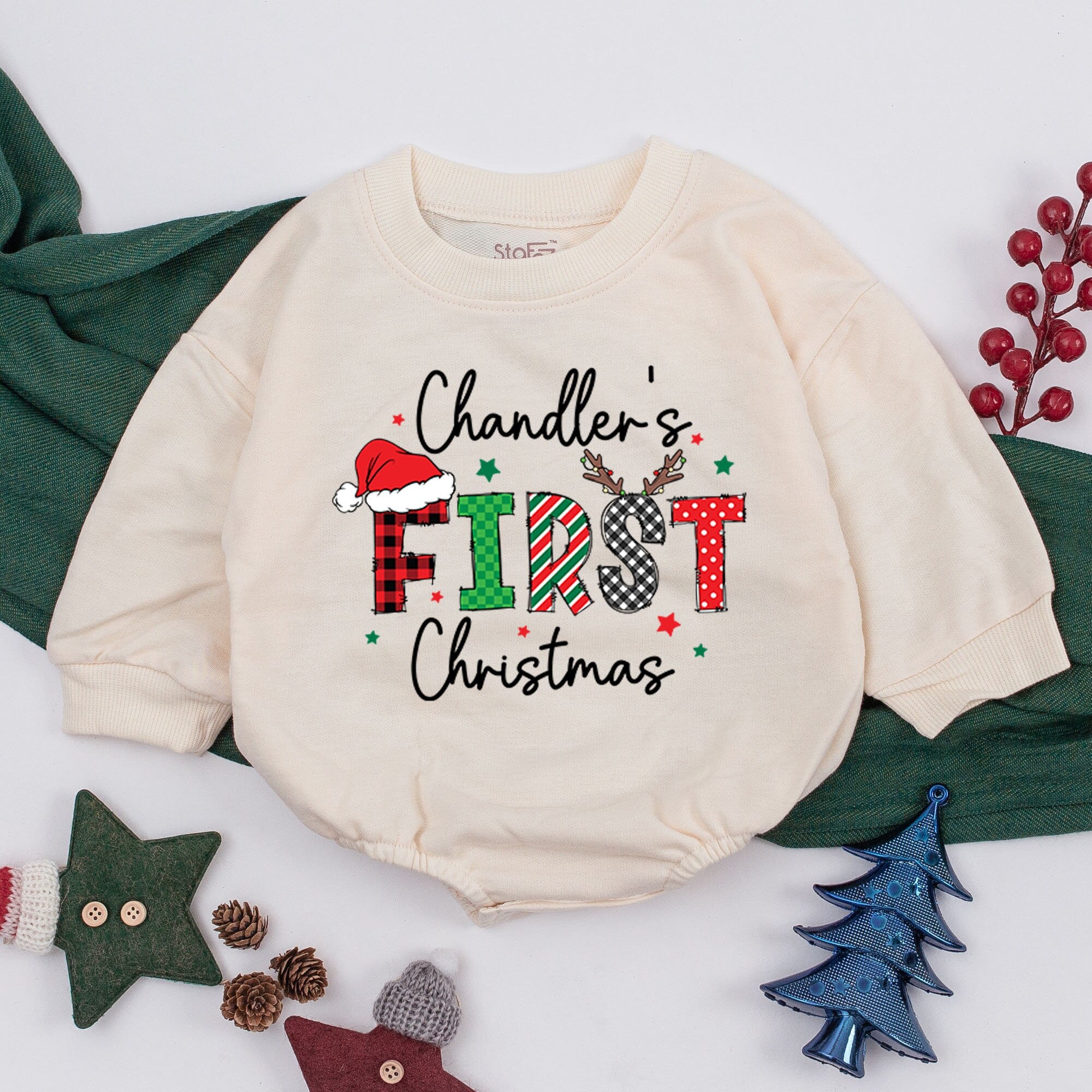 Personalized Baby Romper Chandler's First Christmas Festive Outfit Newborn Holiday Clothes Infant Santa Hat Antlers Red Green Black