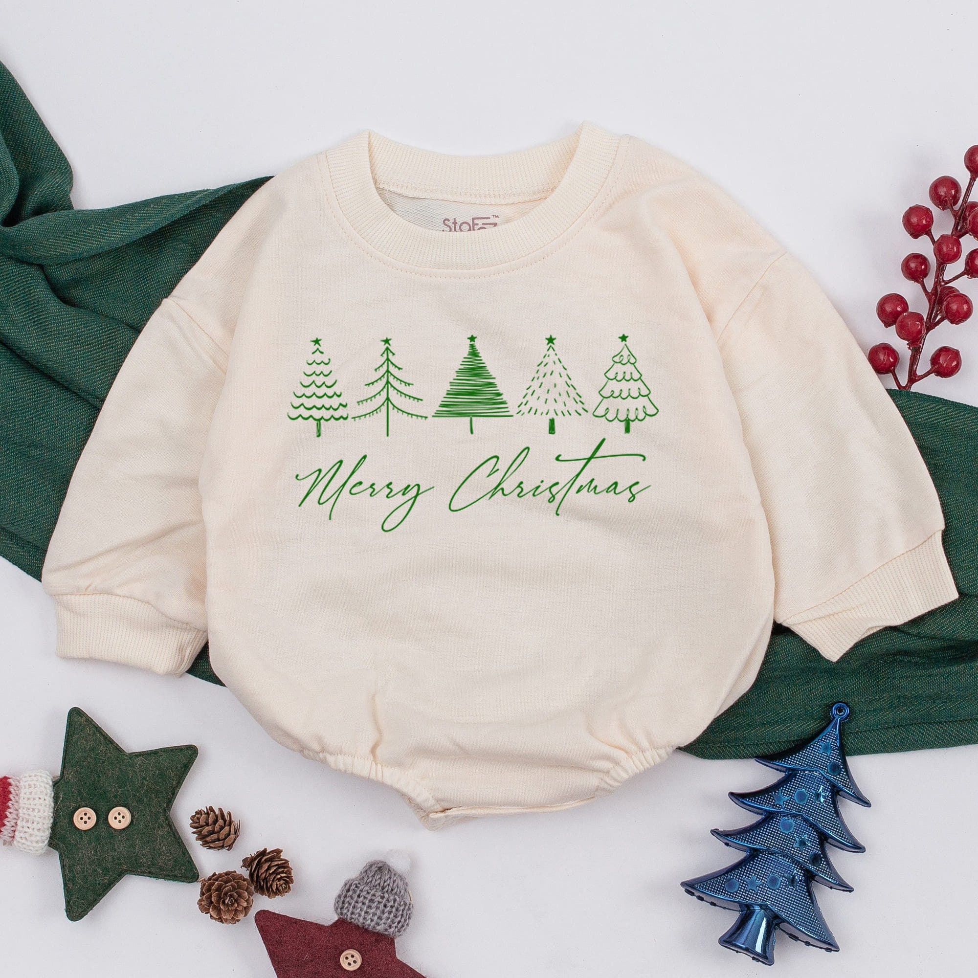 Merry Christmas Baby Romper with Stylish Green Trees Soft Cotton Infant Holiday Outfit First Christmas Baby Shower Gift