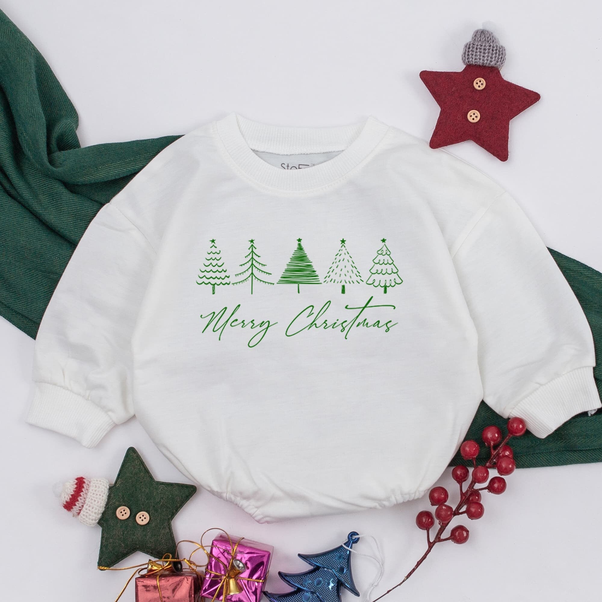 Merry Christmas Baby Romper with Stylish Green Trees Soft Cotton Infant Holiday Outfit First Christmas Baby Shower Gift