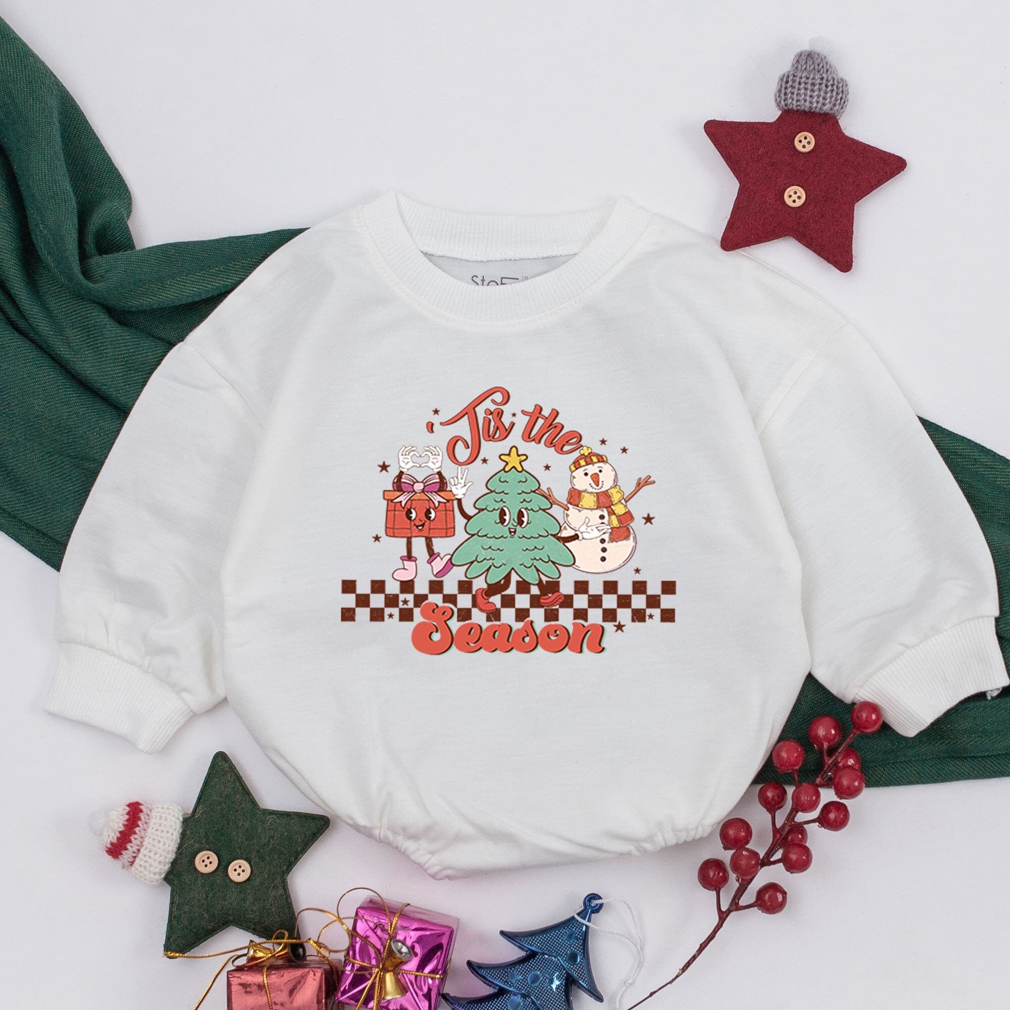 Tis the Season Christmas Baby Romper with Tree Snowman Gift Box Design Toddler Sweatshirt Holiday Infant Girl Outfit Baby Shower Gift