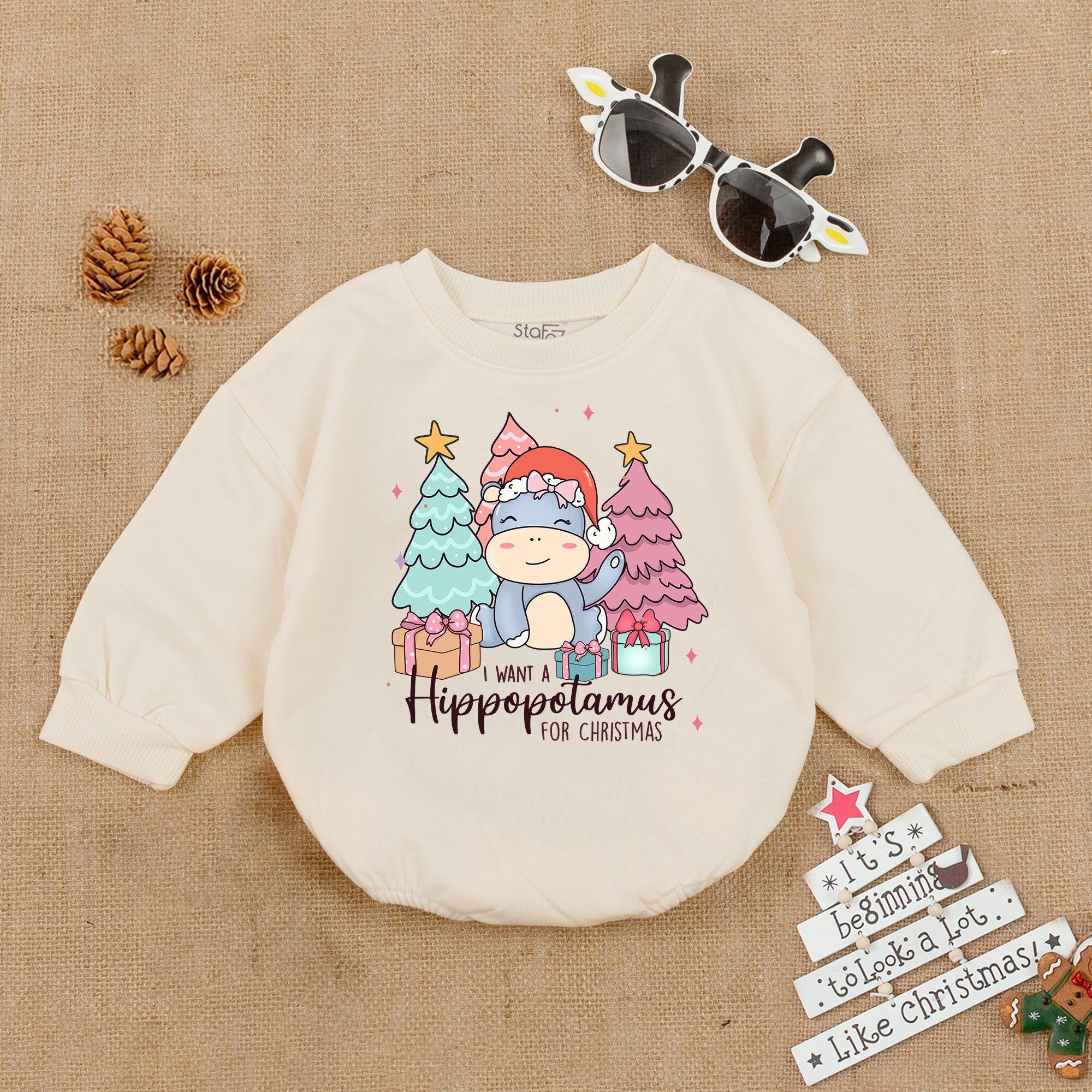 I Want a Hippopotamus for Christmas Baby Girl Romper Cute Holiday Outfit Soft Cotton Infant Wear with Santa Hat and Colorful Trees