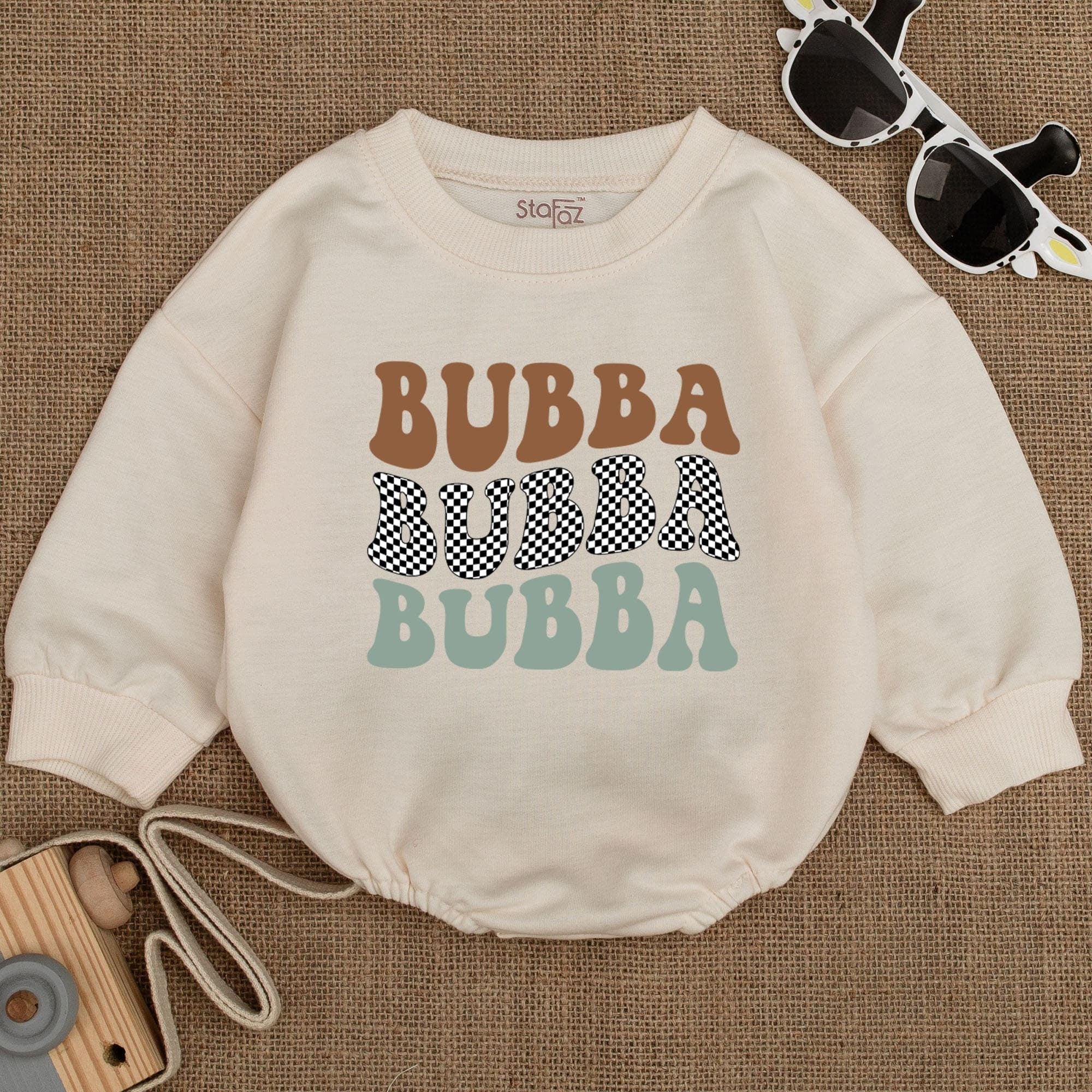 Bubba Baby Romper Retro Style Soft Cotton Infant Outfit Playful Teal Brown Checkered Design Perfect Baby Shower Gift Newborn Clothing