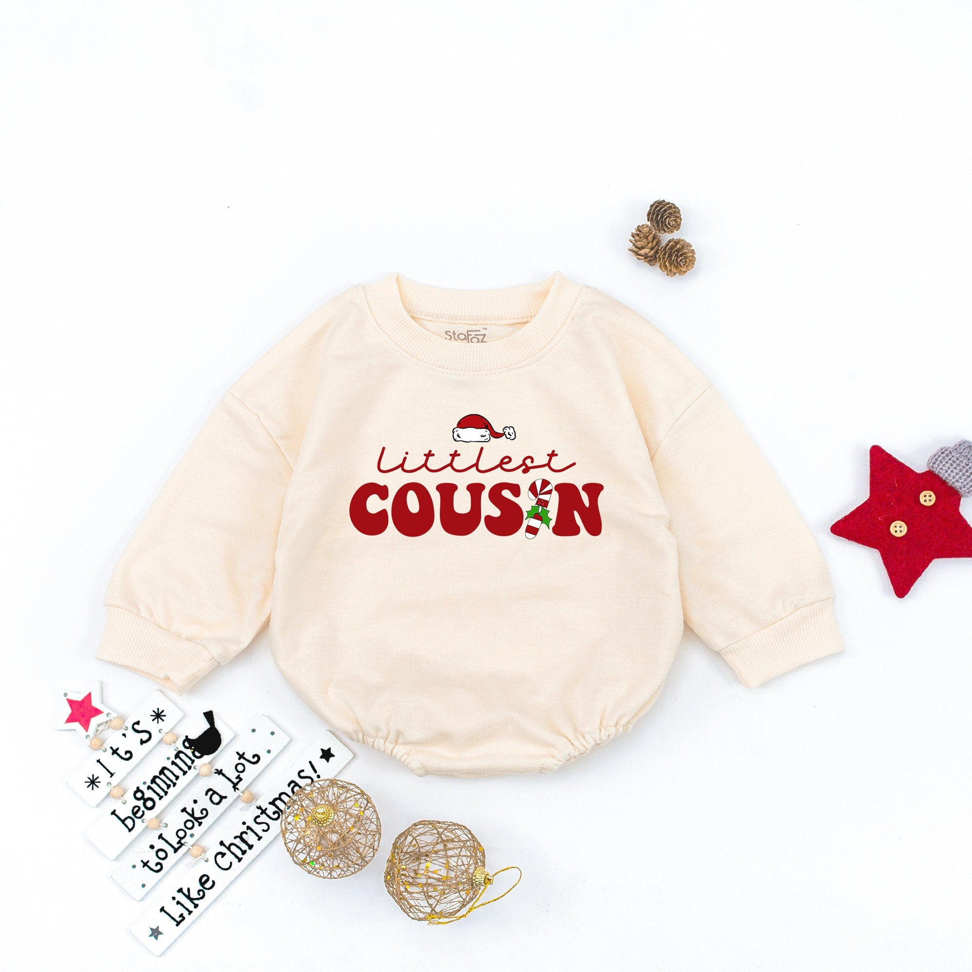 Little Cousin Baby Romper with Santa Hat Festive Holiday Outfit Infant Gift Soft Cotton Newborn Clothes Cheerful Matching Cousins