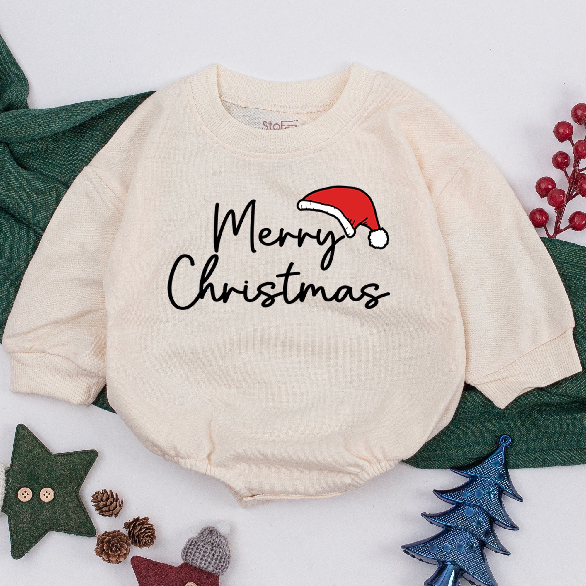 Merry Christmas Baby Girl Romper Cozy Holiday Outfit with Santa Hat Design Soft Warm Sweatsuit for Infant Toddler Holiday Gift