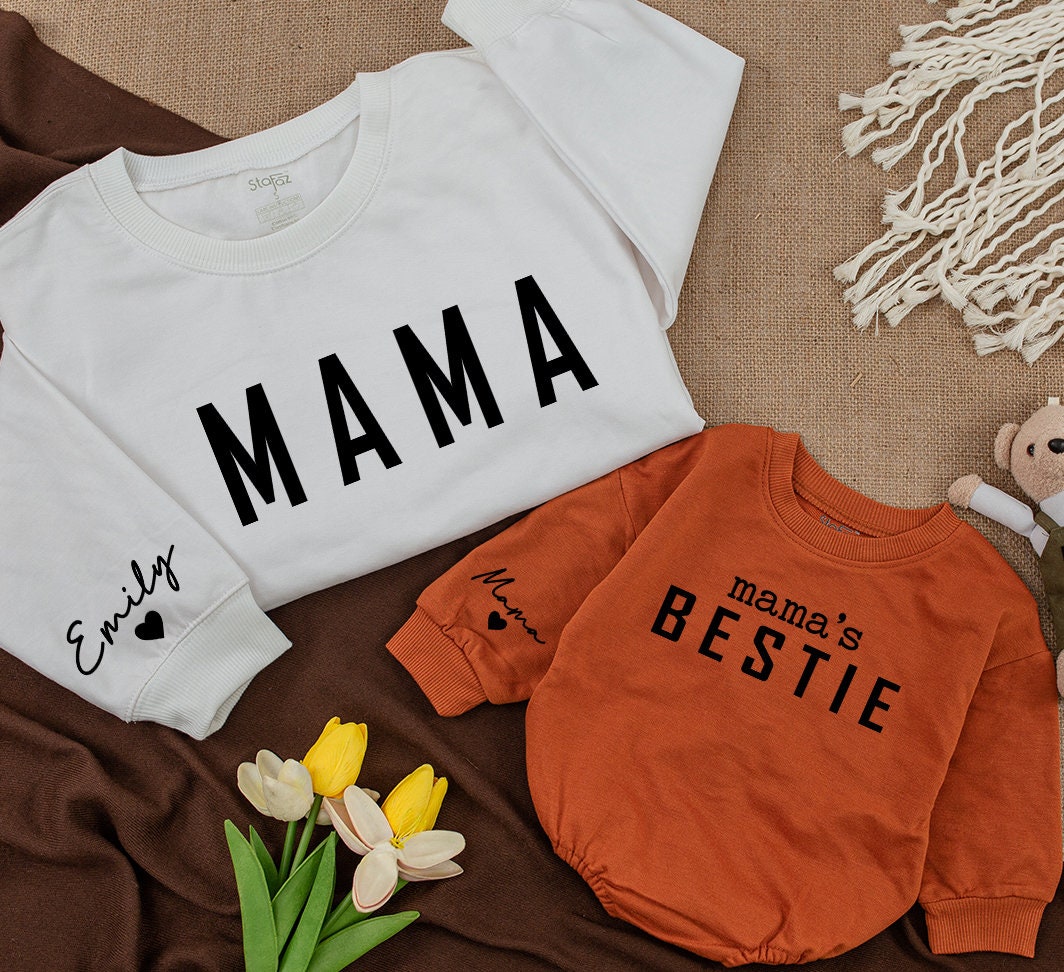 Personalized Matching Mama and Bestie Sweatshirt Romper Set Custom Names Family Holiday Gift Cozy Cotton Outfit