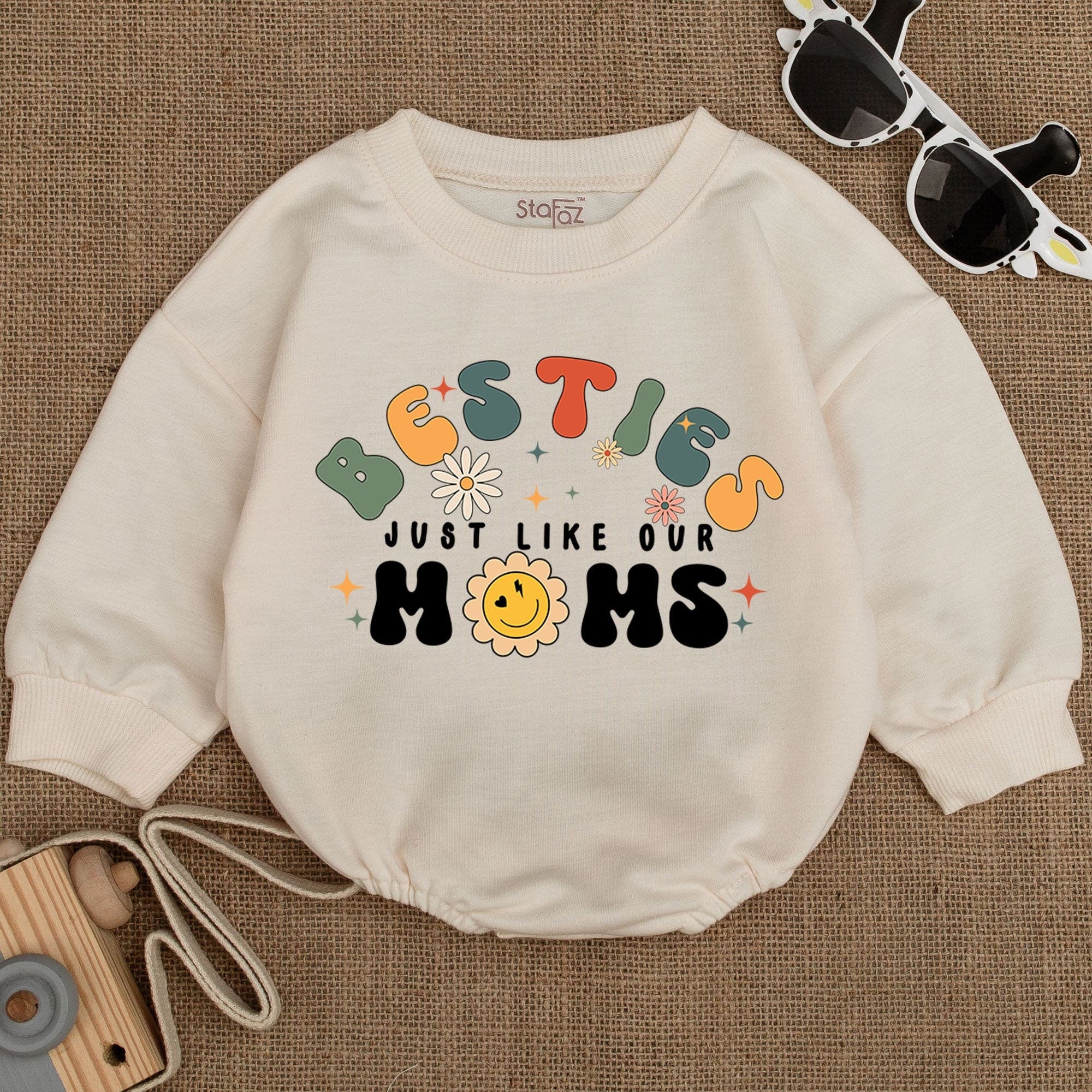 Besties Just Like Our Moms Baby Romper Playful Orange Yellow Blue Outfit Soft Cotton Infant Clothing Fun Graphics Birthday Gift
