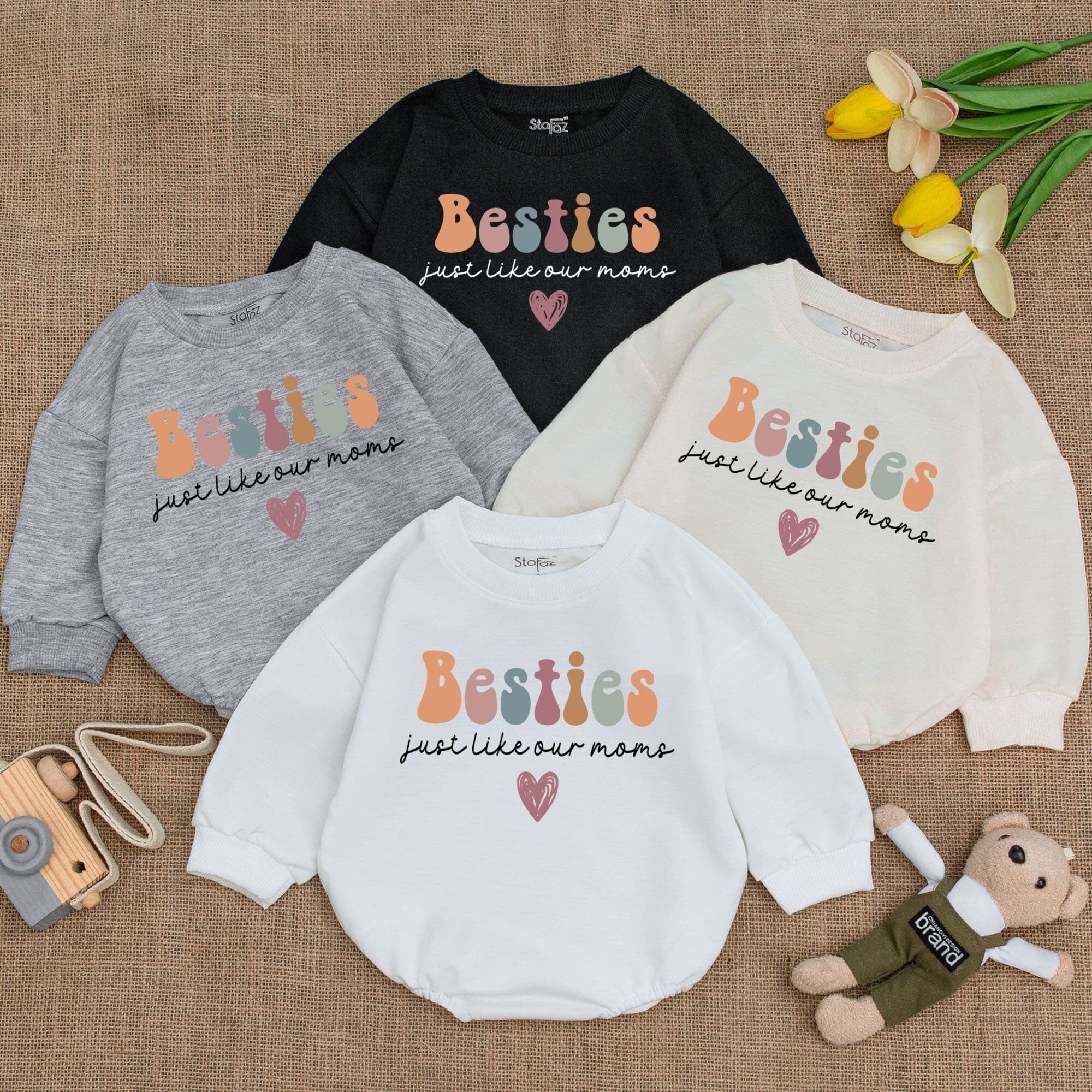Besties Just Like Our Moms Baby Romper Soft Pastel Colors Heart Design Cozy Cotton Infant Outfit Birthday Holiday Gift