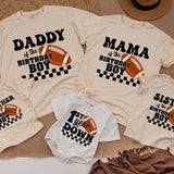 Custom Football Birthday Romper for Baby, 1st Year Down Outfit with Checkered Motif, Soft Cotton, Perfect for Milestone Photos & Parties