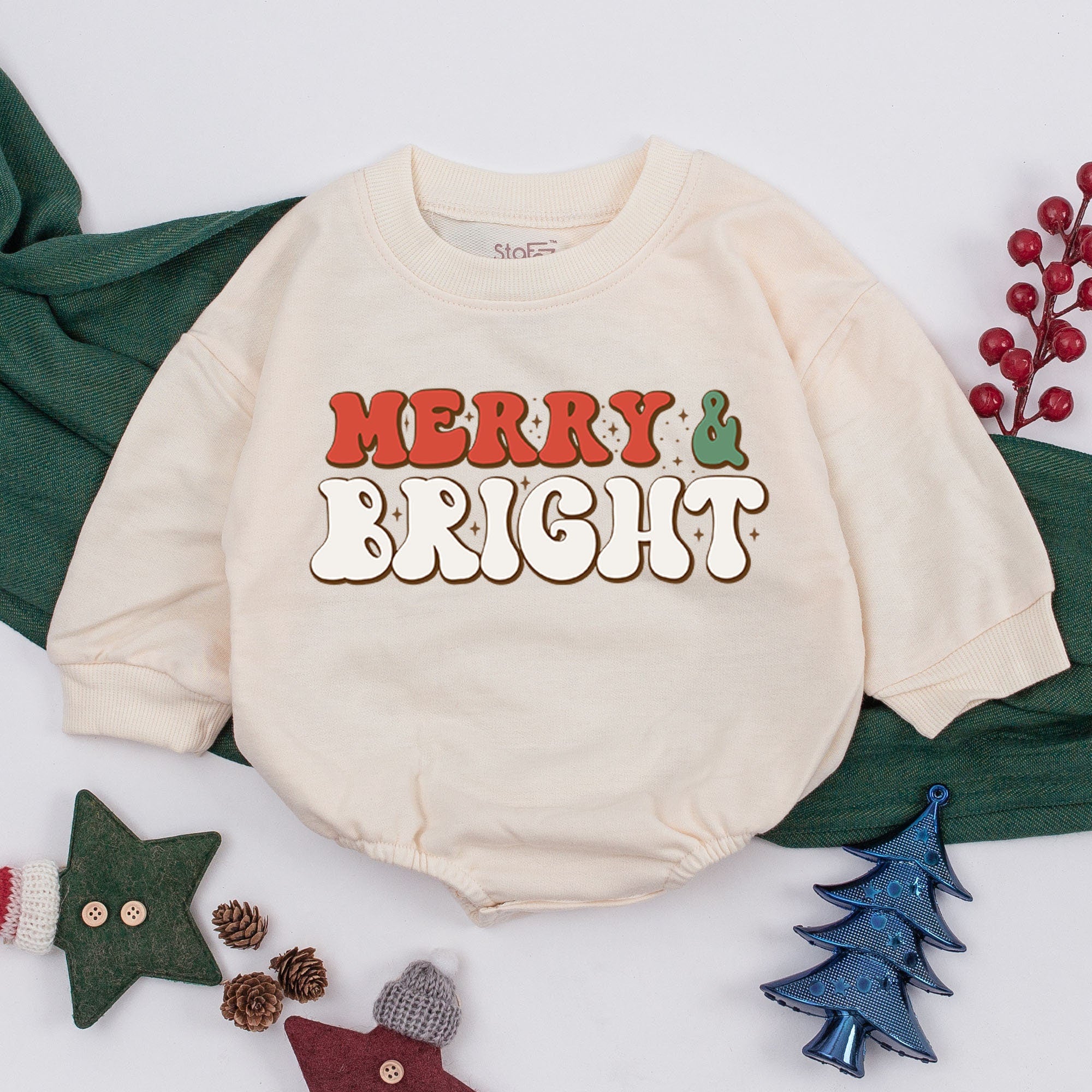 Merry & Bright Baby Romper First Christmas Outfit Infant Toddler Sweater Festive Holiday Clothes Red Green White Retro Design