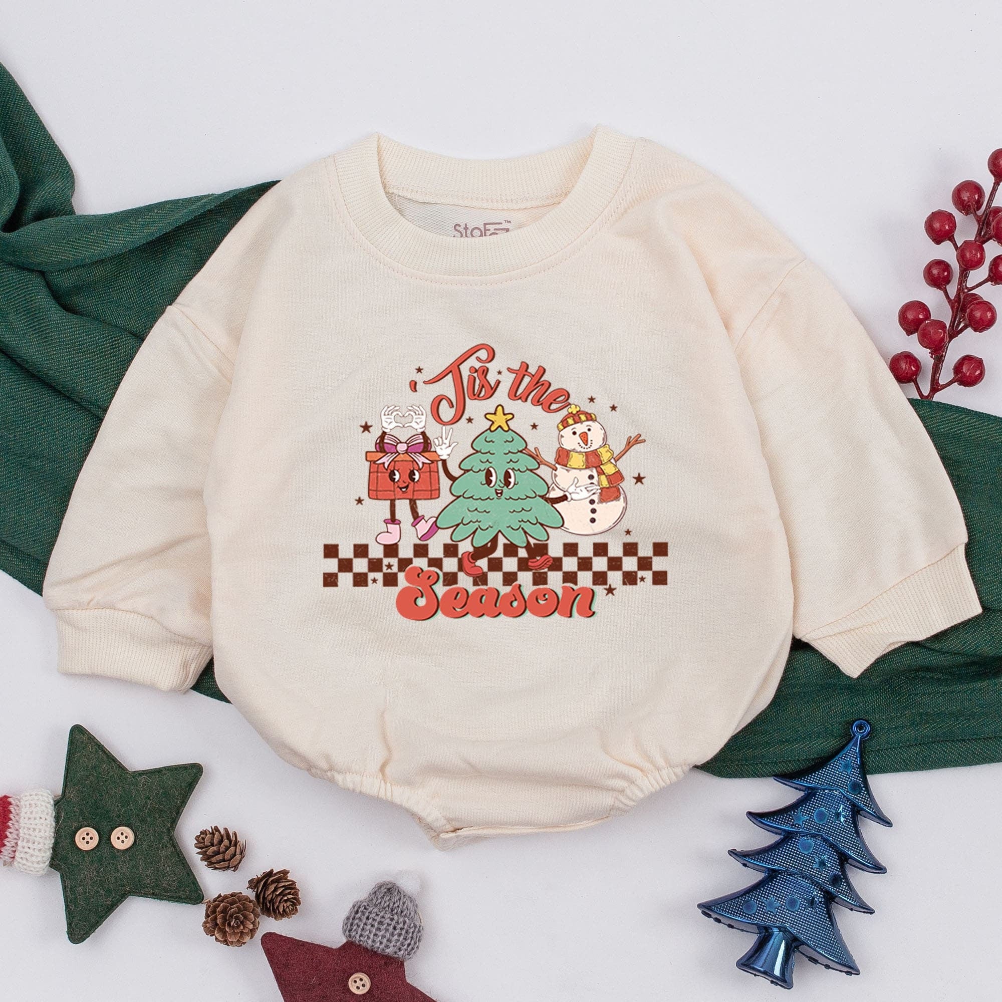 Tis the Season Christmas Baby Romper with Tree Snowman Gift Box Design Toddler Sweatshirt Holiday Infant Girl Outfit Baby Shower Gift