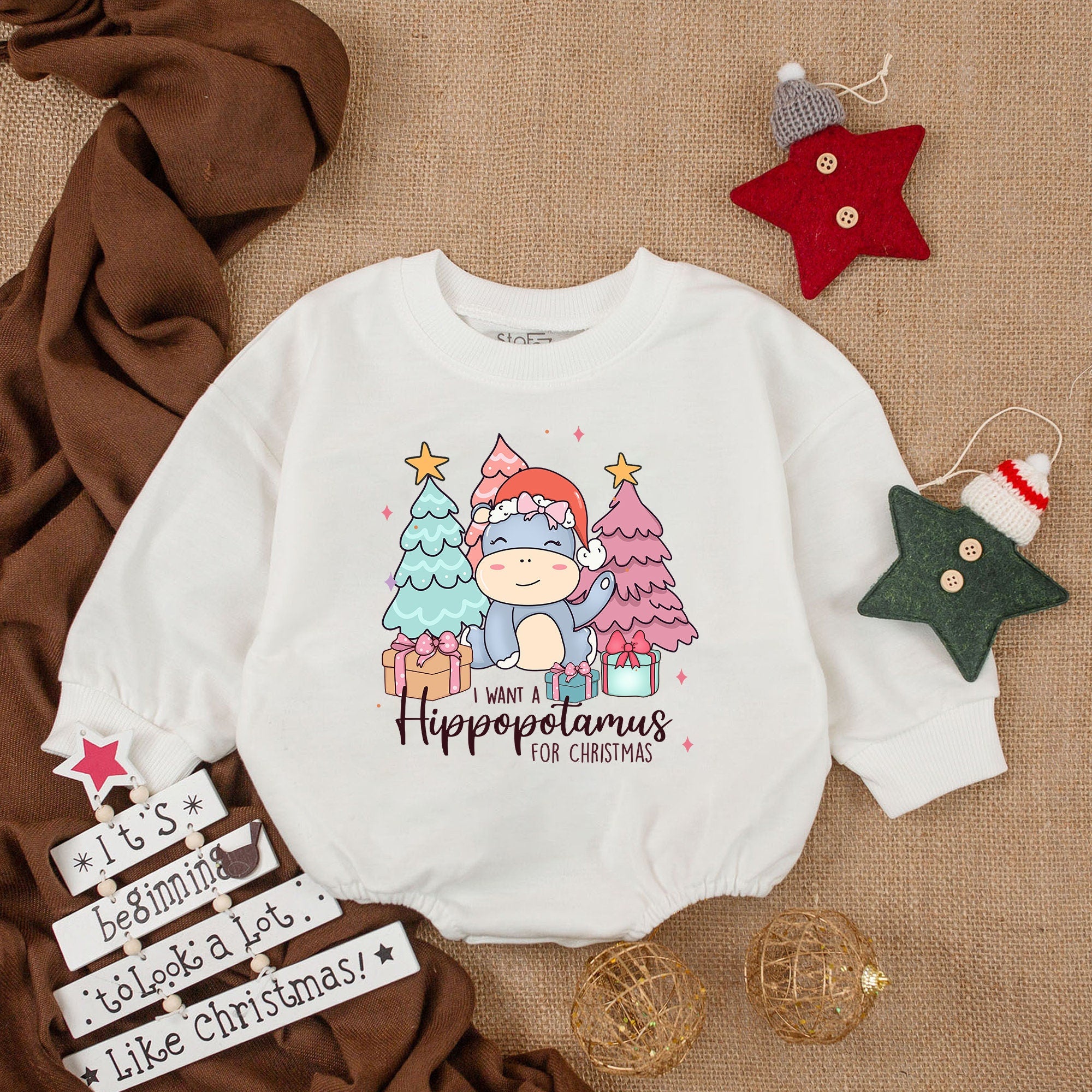 I Want a Hippopotamus for Christmas Baby Girl Romper Cute Holiday Outfit Soft Cotton Infant Wear with Santa Hat and Colorful Trees