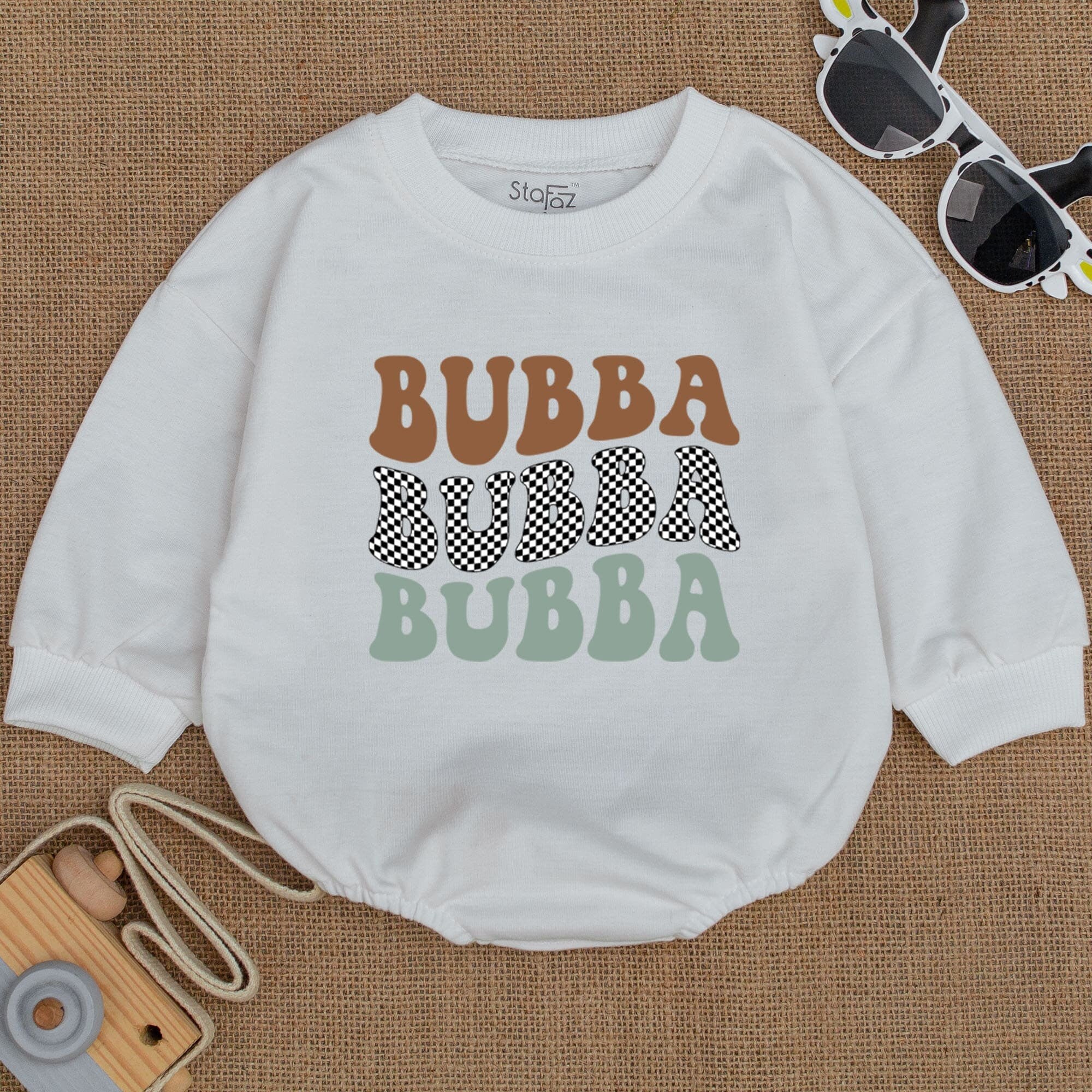Bubba Baby Romper Retro Style Soft Cotton Infant Outfit Playful Teal Brown Checkered Design Perfect Baby Shower Gift Newborn Clothing
