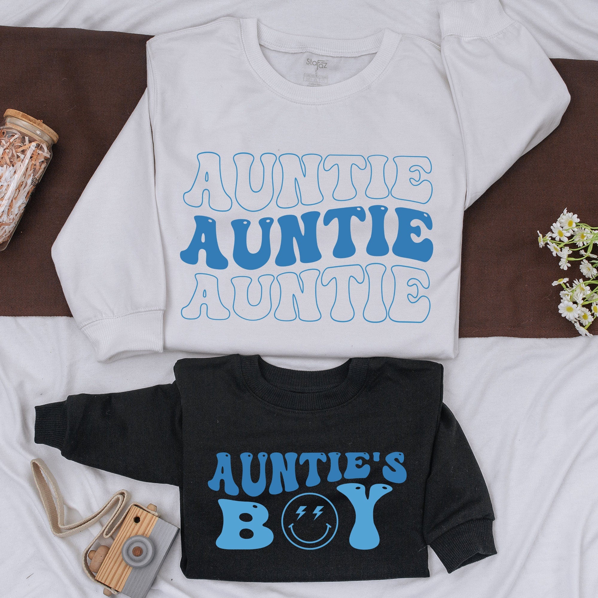 Personalized Auntie and Boy Matching Sweatshirts Fun Blue Bubble Font Family Gift Cozy Holiday Outfit Soft Cotton Toddler Romper