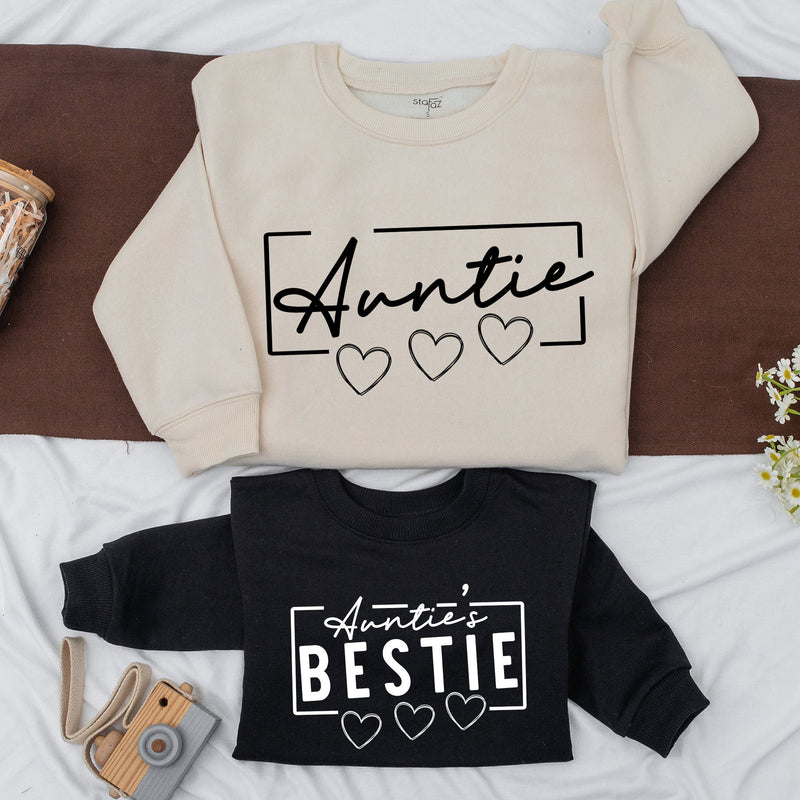 Custom Auntie and Bestie Matching Sweatshirts Stylish Script Design Cozy Fall Family Outfit Baby Girl Gift Soft Cotton Romper